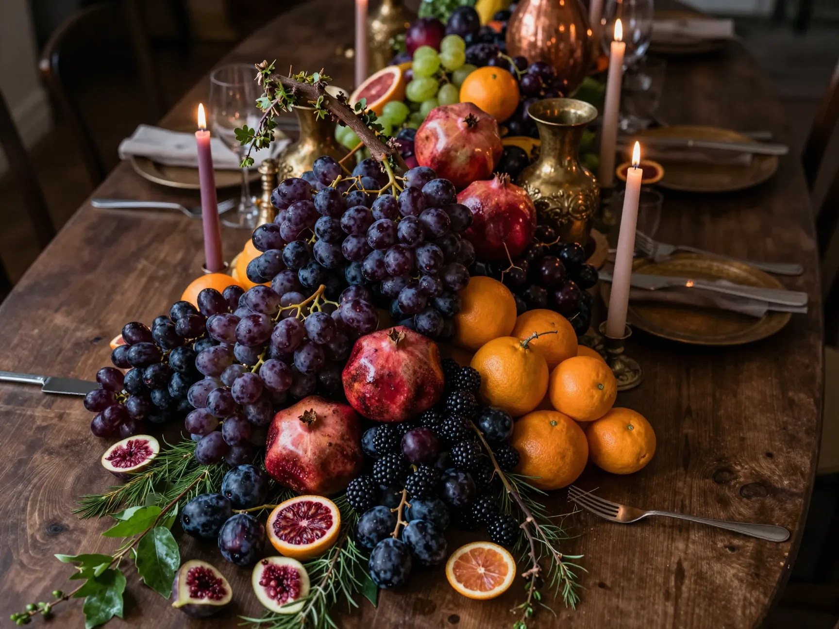 Overflowing fruit vegetable centerpiece on serpentine wedding table