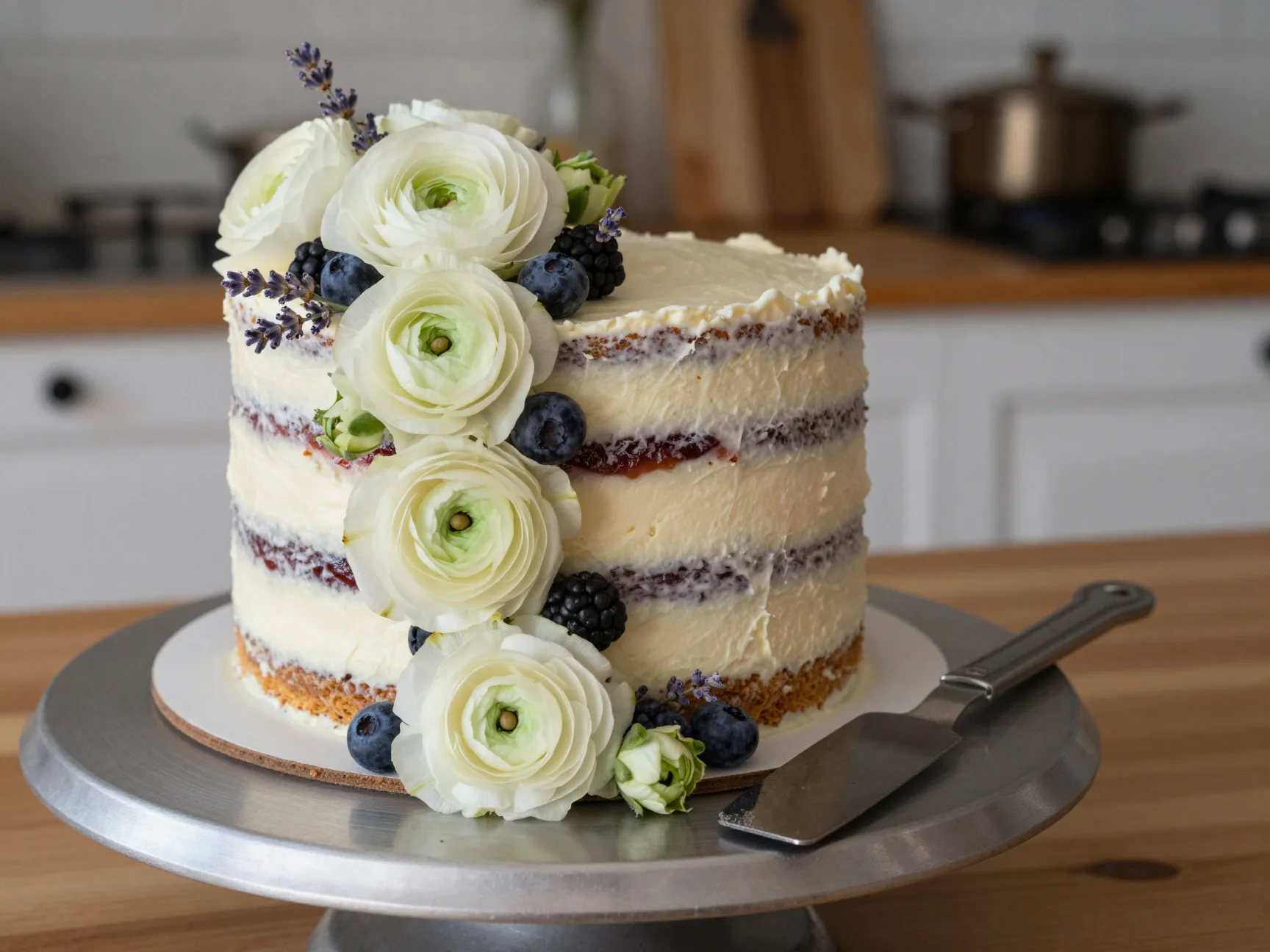 Rustic naked cake with visible layers and fresh floral cascade decoration