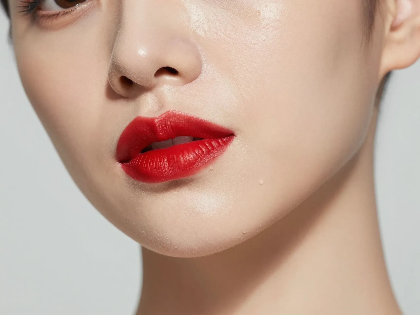 Bride with clean dewy skin and a classic bold red lip