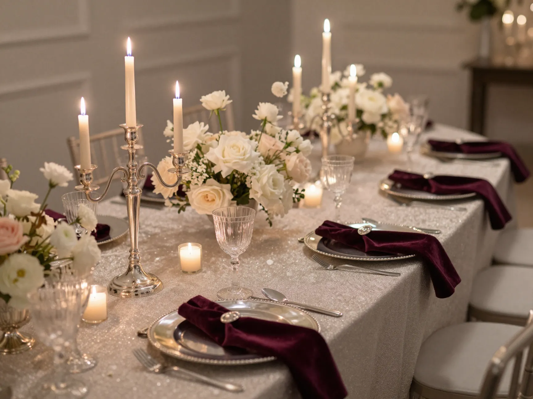 Candlelit serpentine table with silver accents and velvet napkins