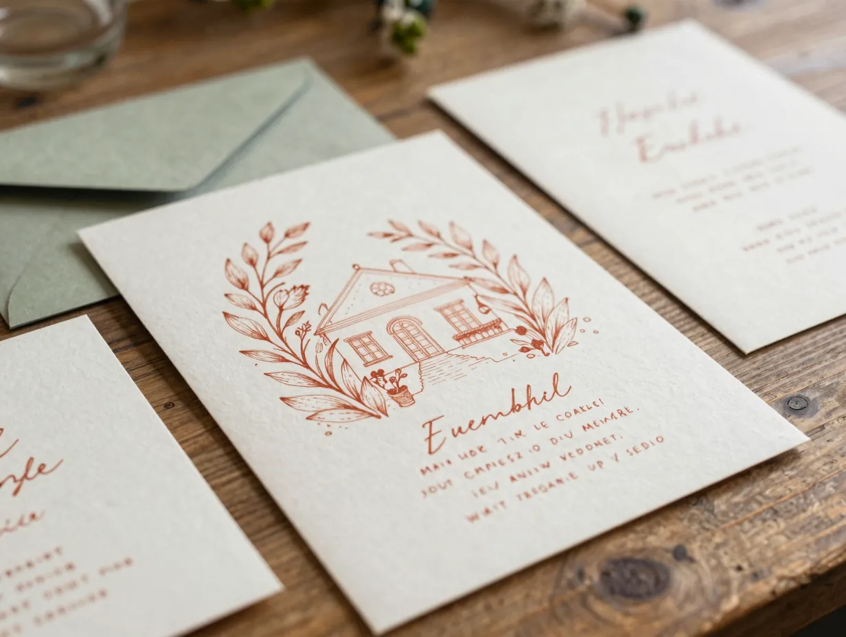 Hand drawn botanical illustration on textured paper invitation suite