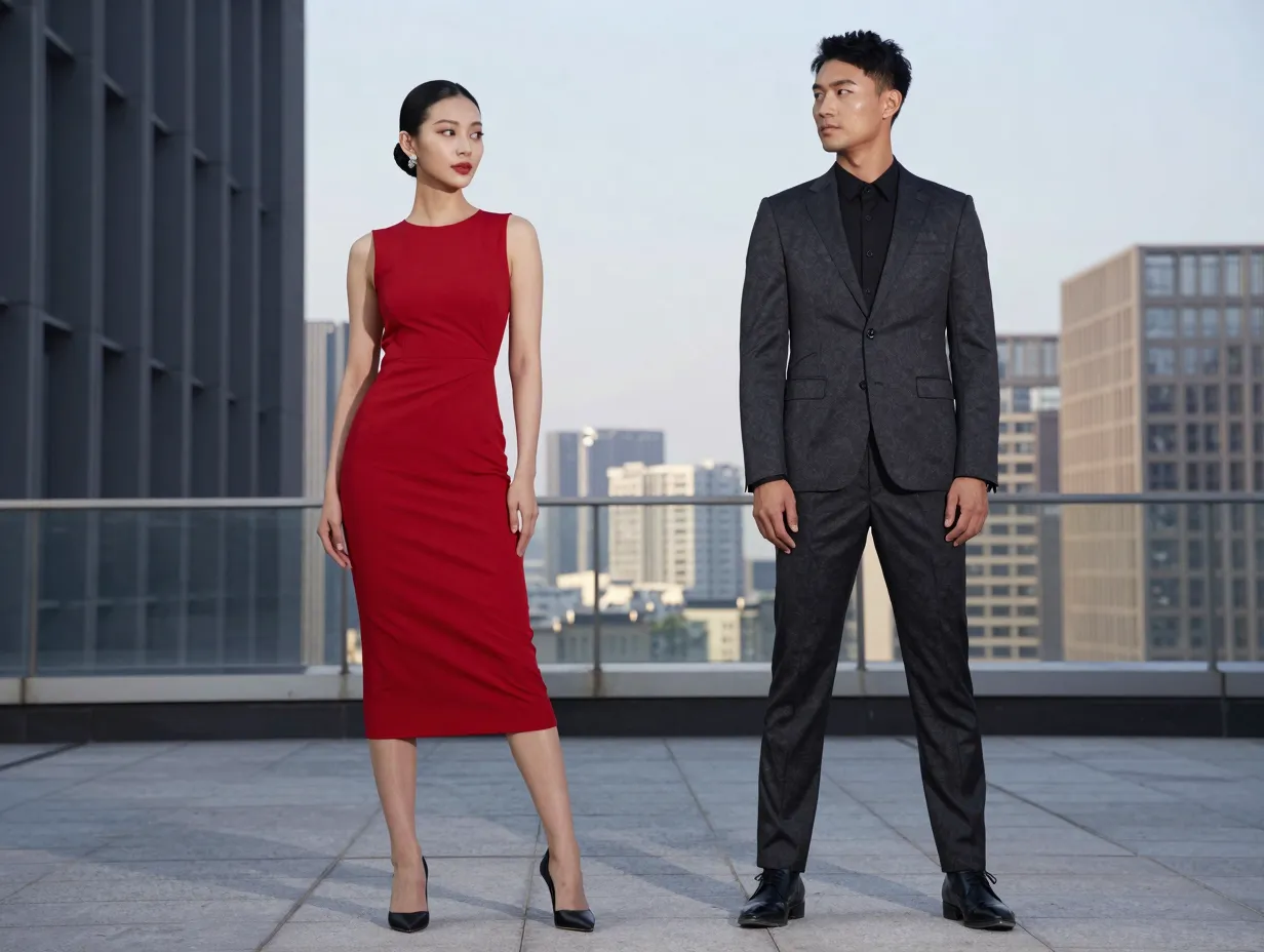 Sleek red bodycon dress against modern city rooftop skyline