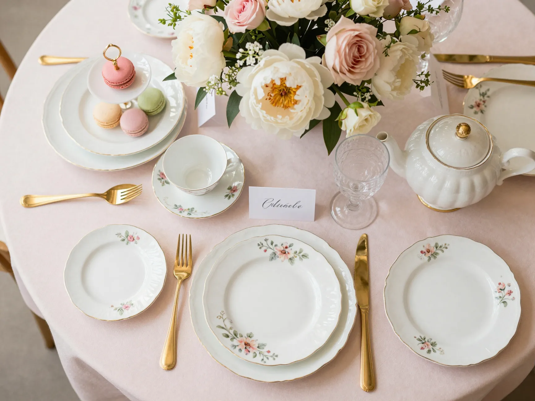 A elegant floral and pastel tablescape for a garden party bridal shower