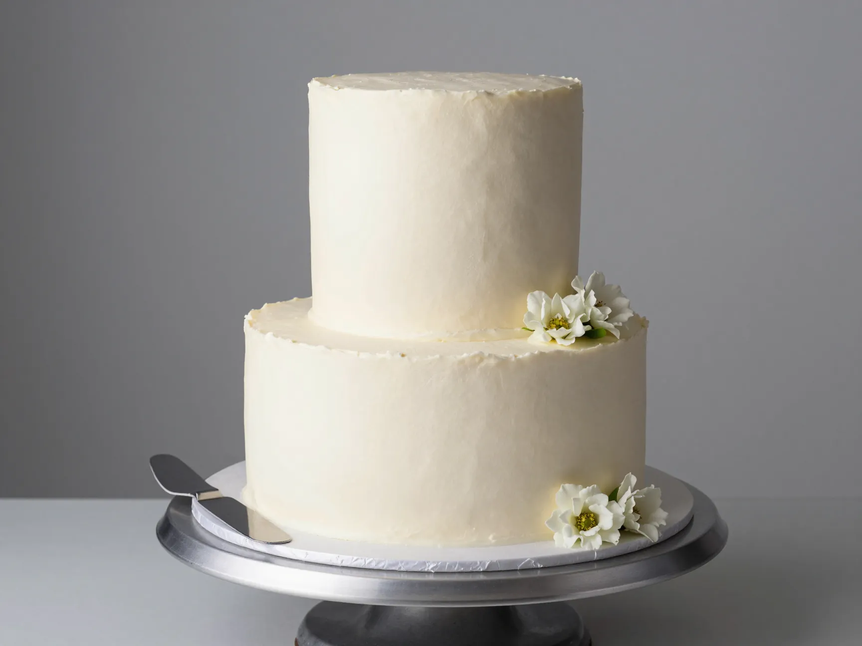 Elegant smooth swiss meringue buttercream wedding cake on turntable