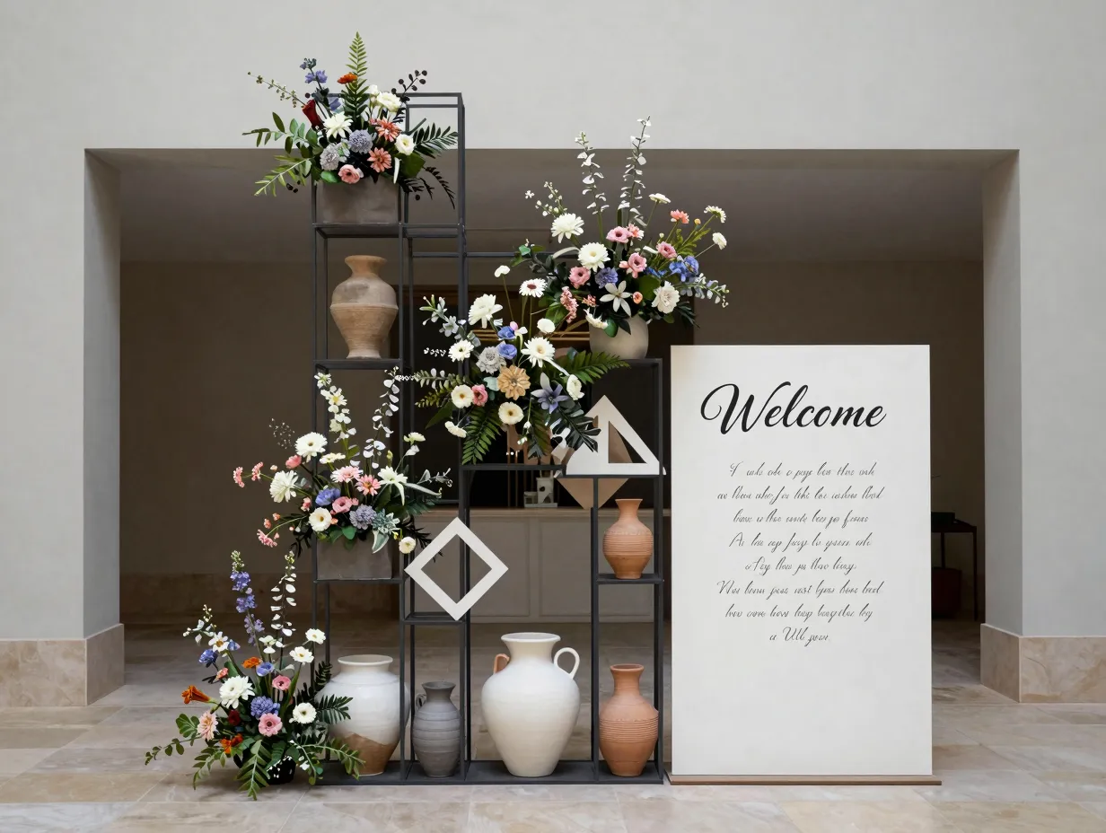 Sculptural geometric floral installation with hand painted sign