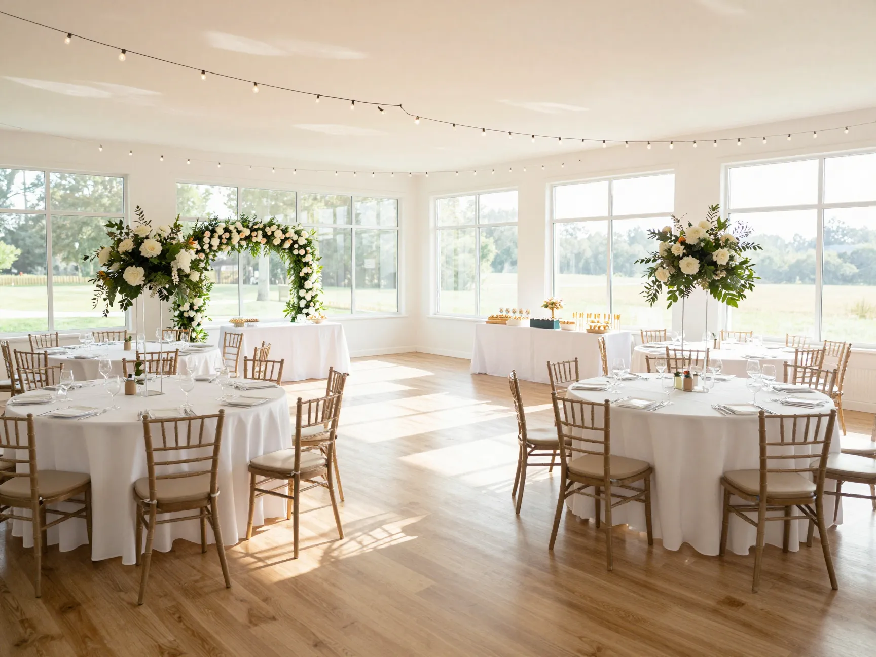 A bright airy event space with floral arrangements and empty chairs