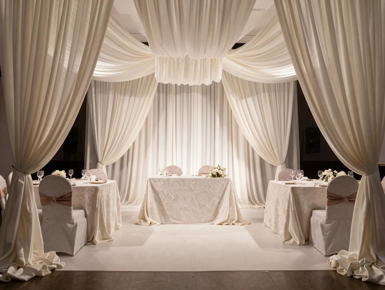 Billowed silk drapery framing a romantic head table backdrop