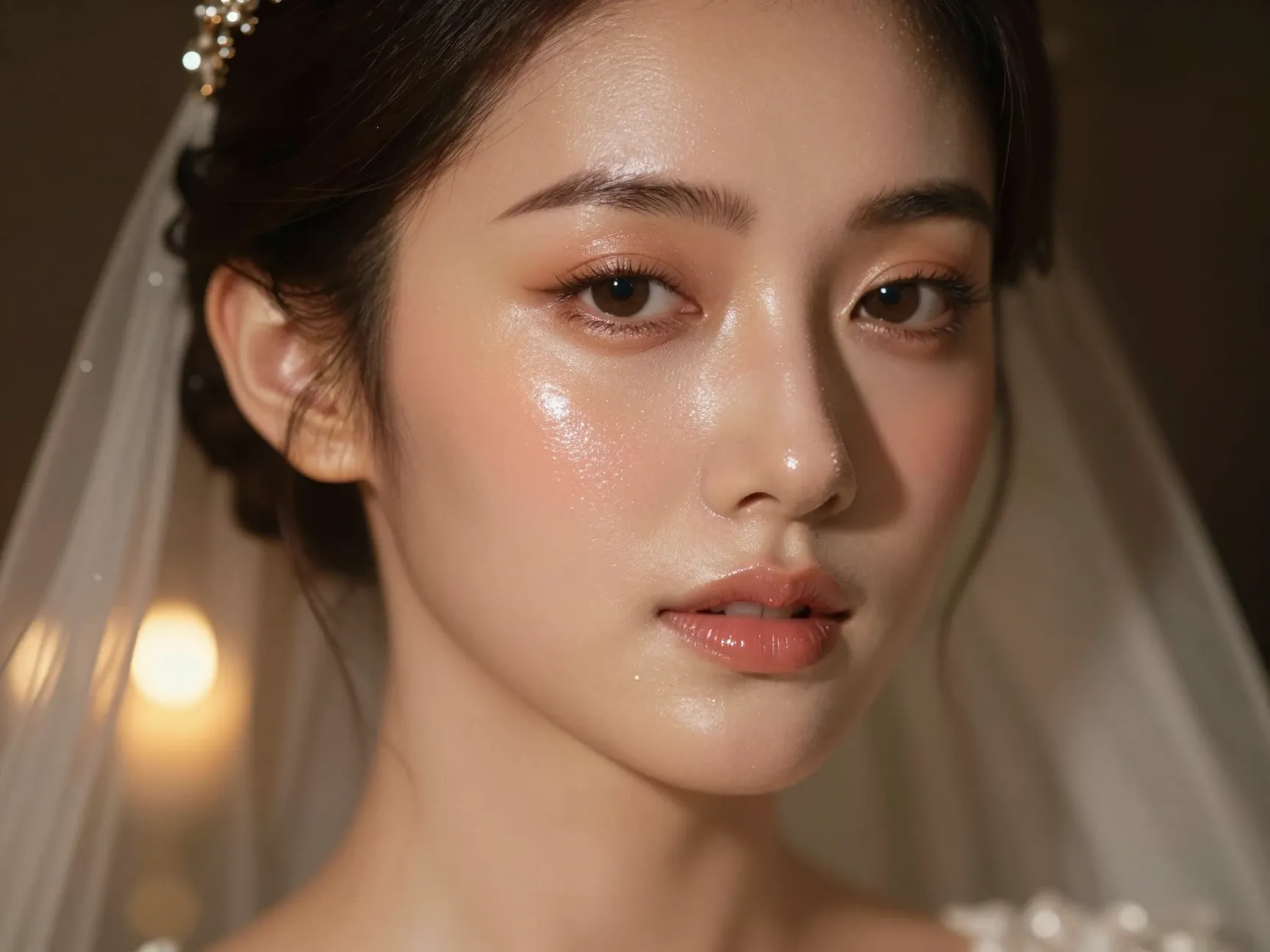 Bride with luminous dewy skin lit from within by candlelight