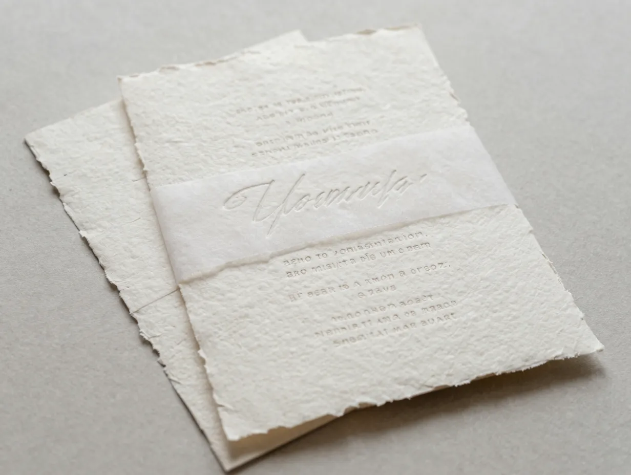 Textured wedding invitation with deckled edges and vellum overlay