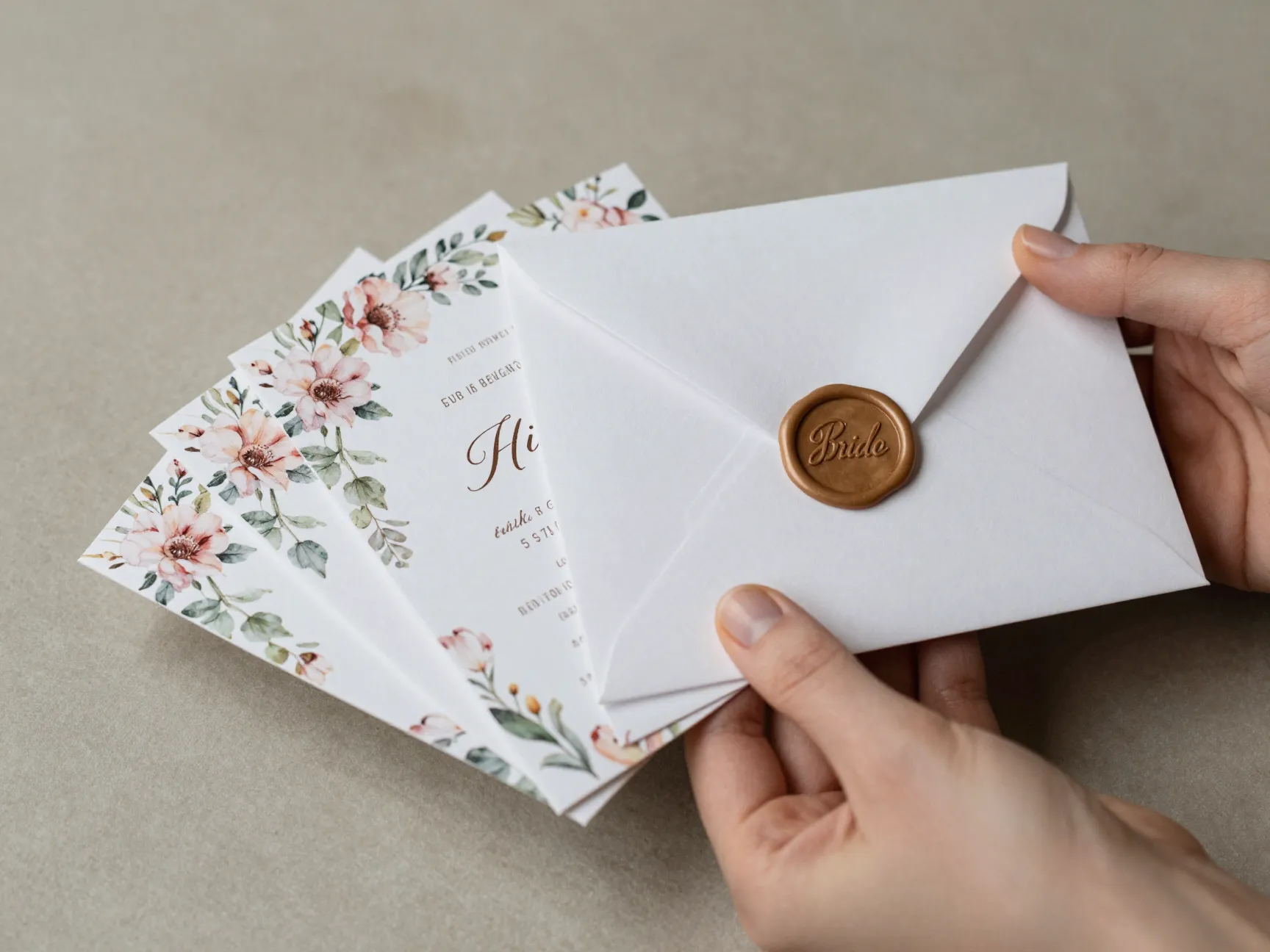 A hand holding a stack of elegant floral bridal shower invitations