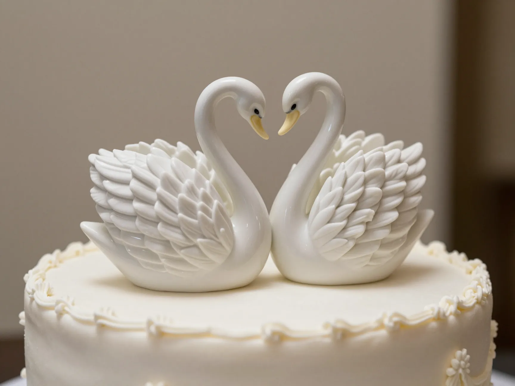 Ceramic swan cake topper on a tiered wedding cake