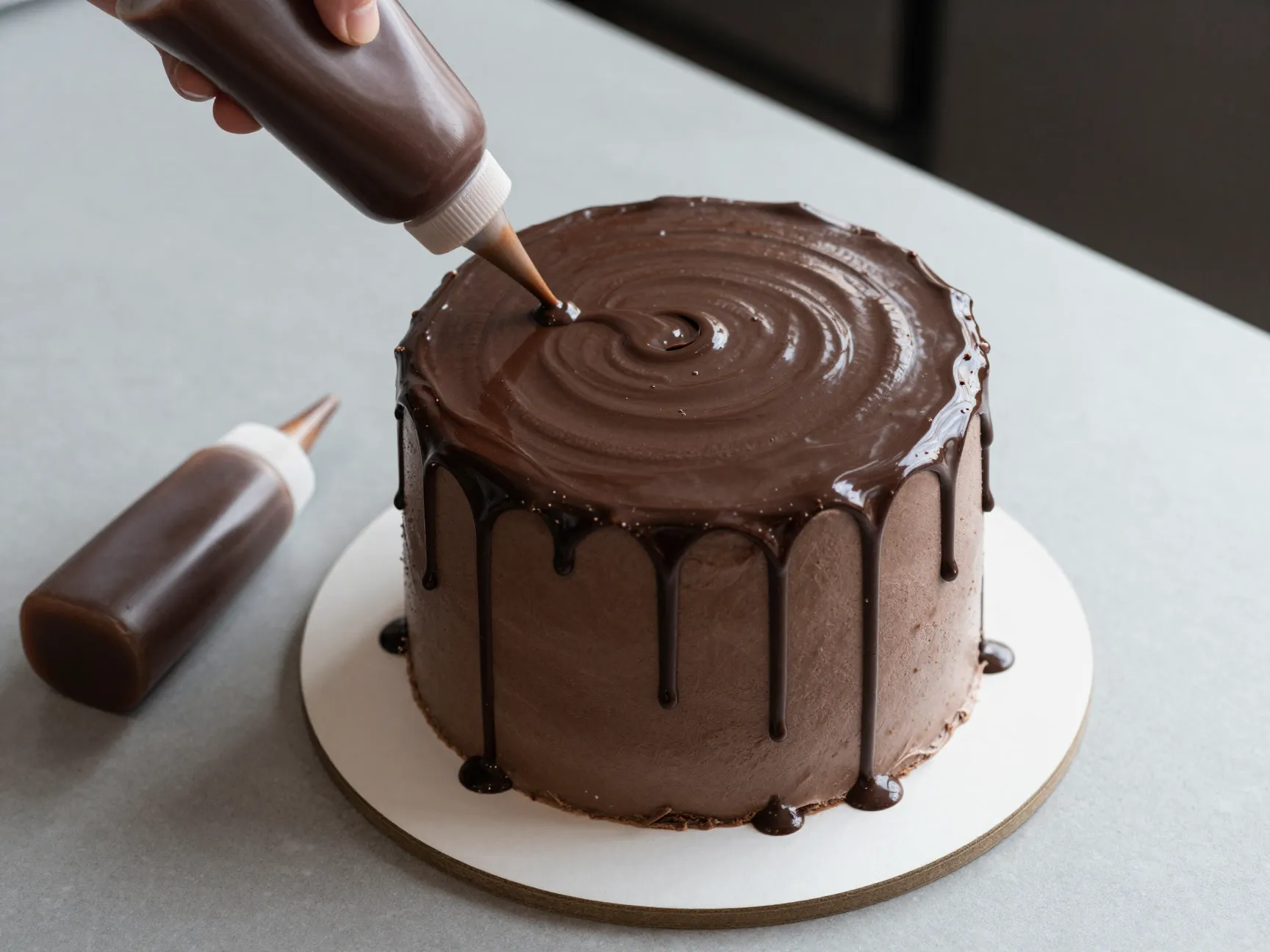 Dramatic chocolate ganache drip cake on a chilled frosted base