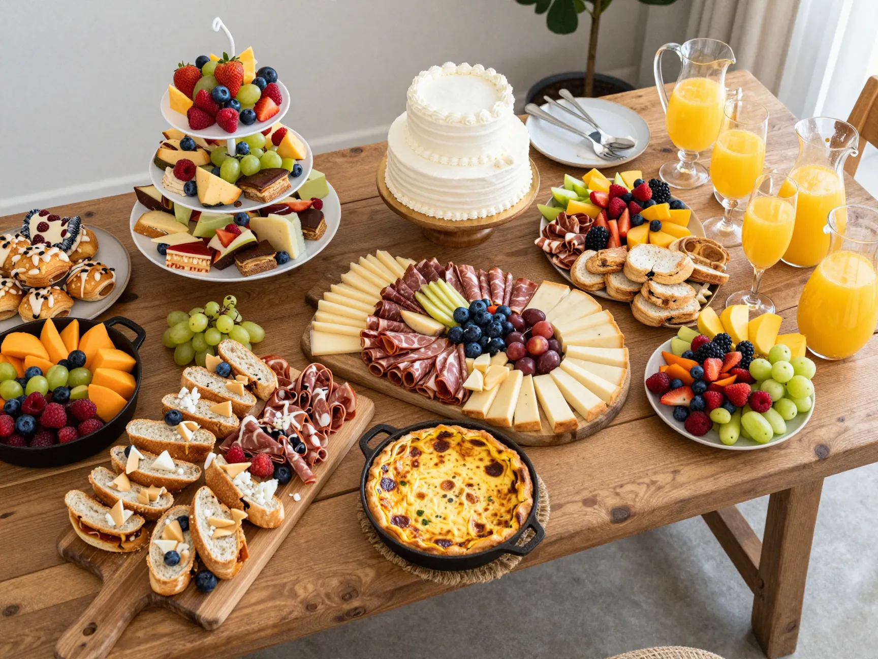 A lavish brunch spread on a long wooden table for a bridal shower