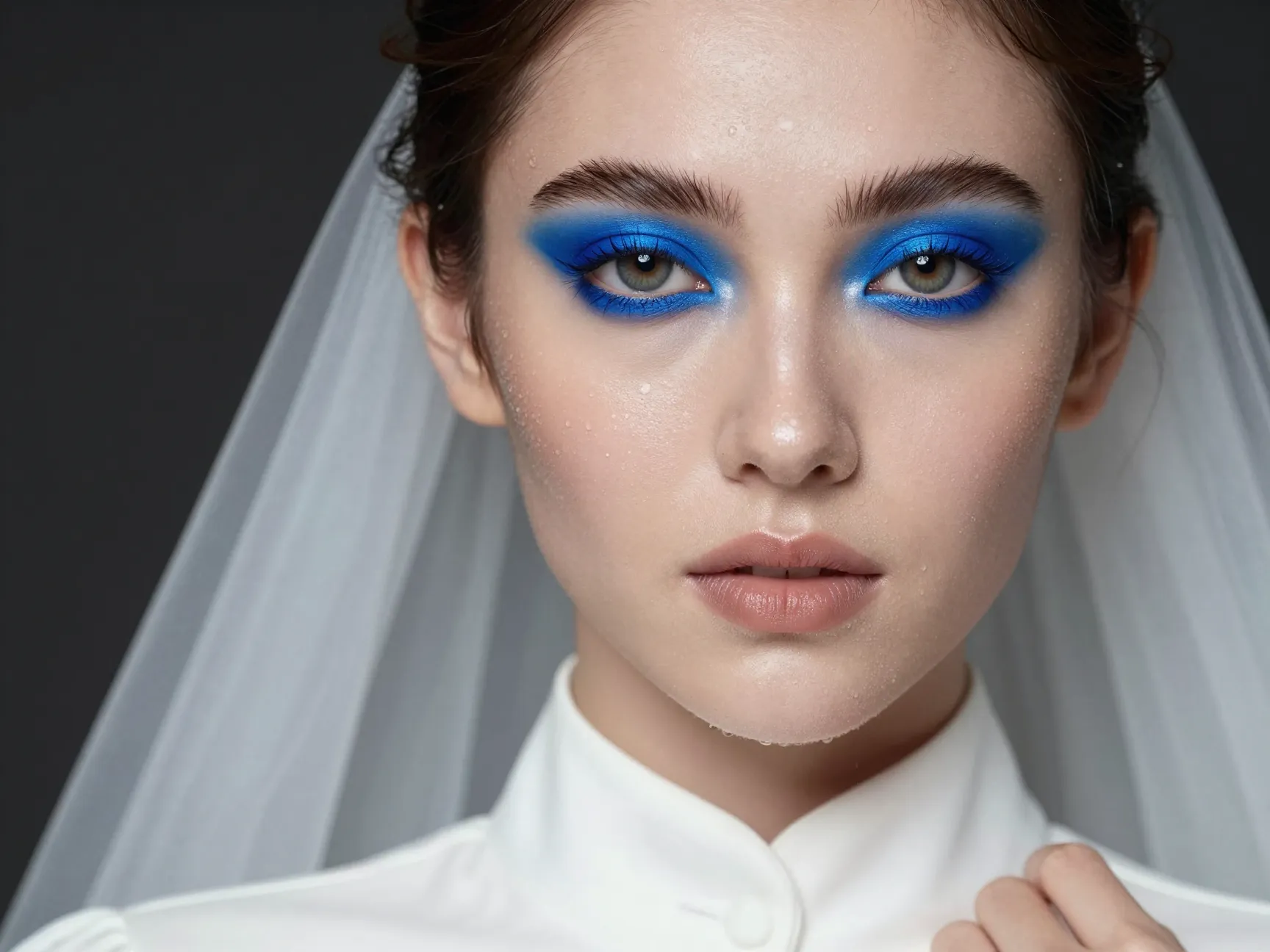 Bride with bold blue eyeshadow against dewy skin and a white gown