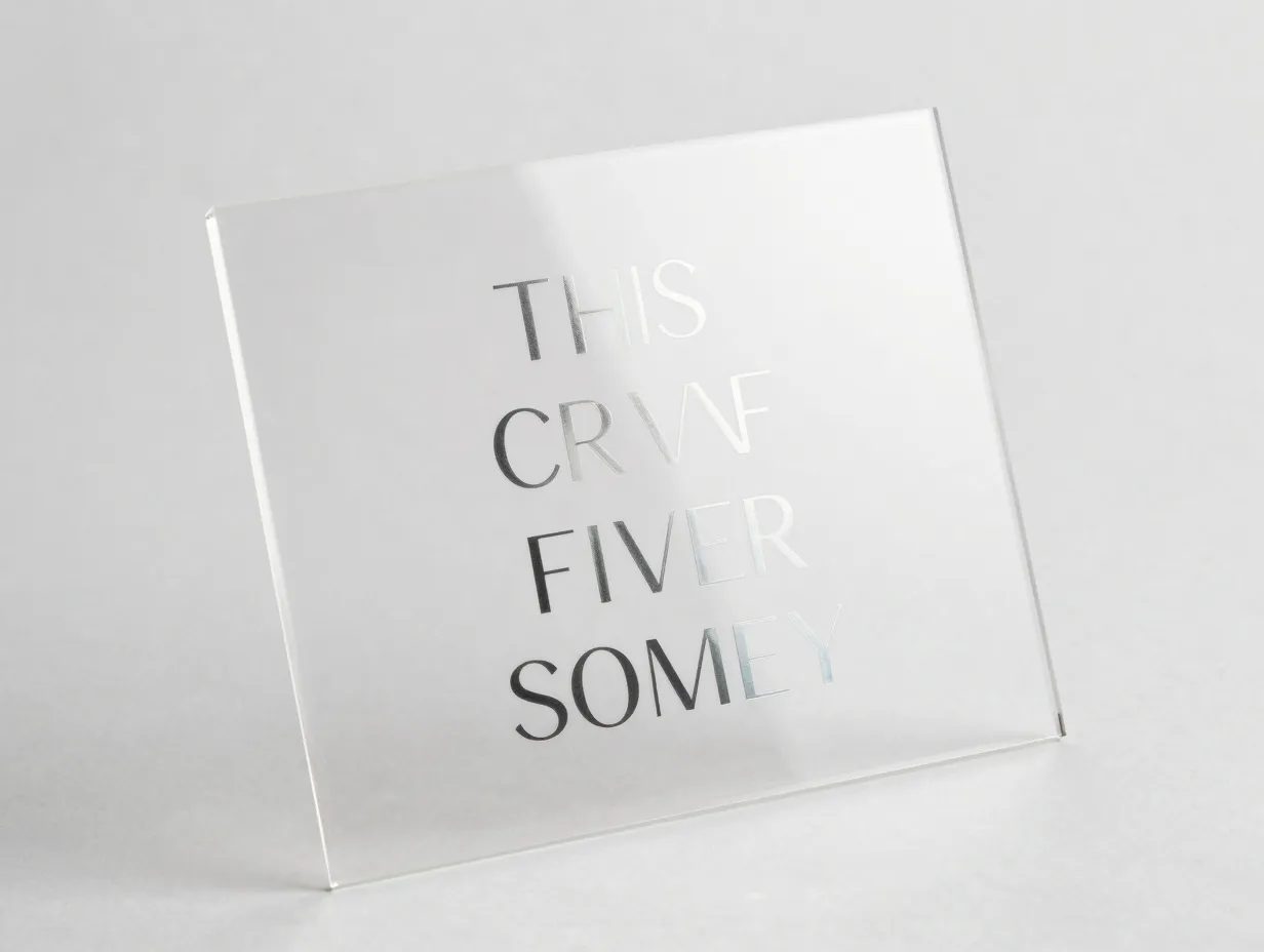 Clear acrylic wedding invitation with modern engraved typography
