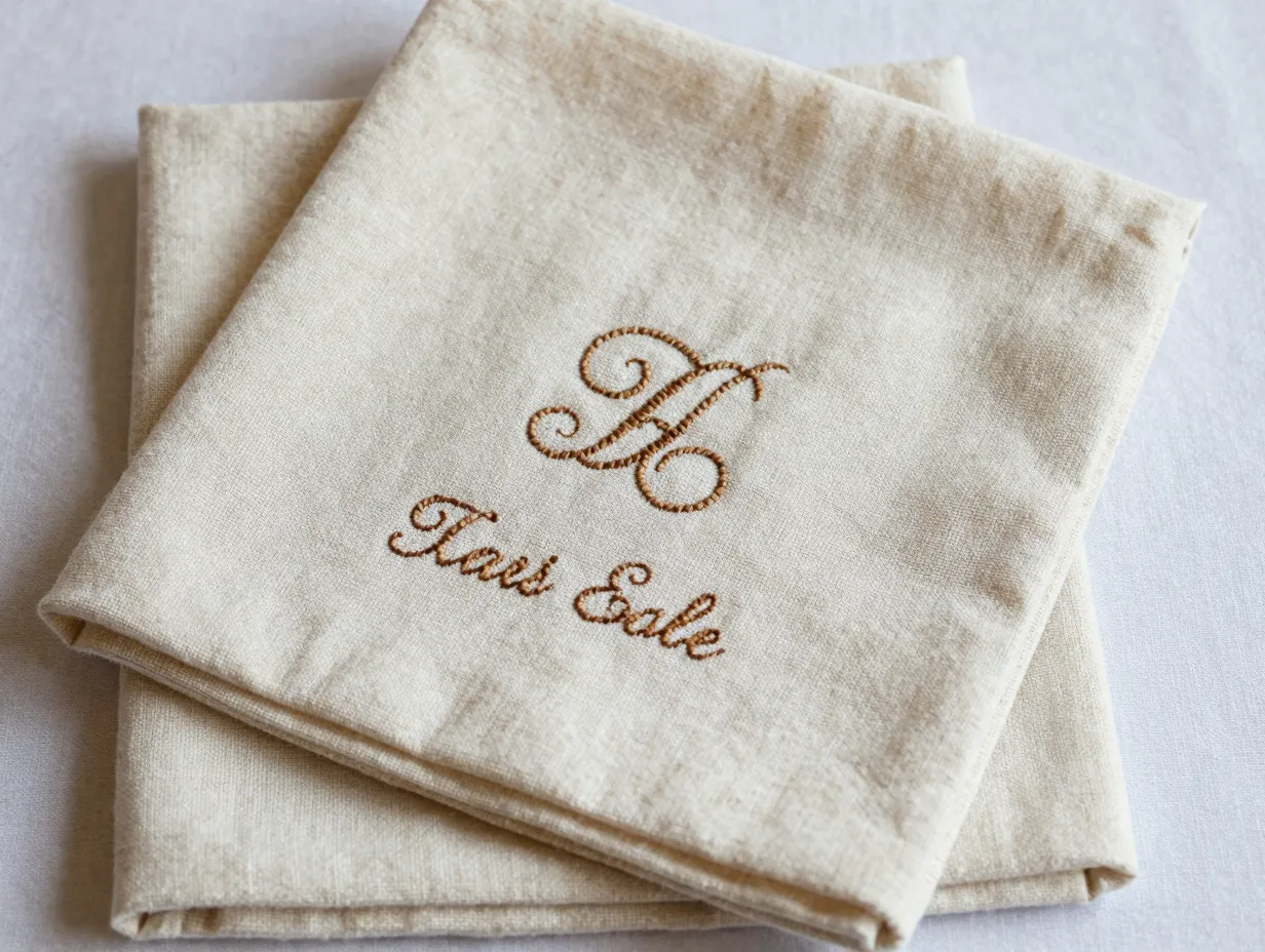 Embroidered linen napkin with wedding date and monogram
