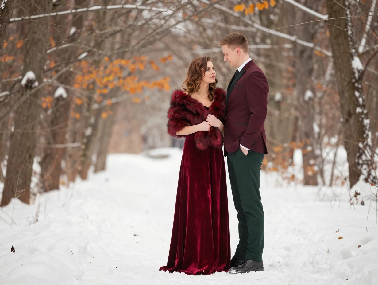 Red velvet cocktail dress in snowy forest winter engagement