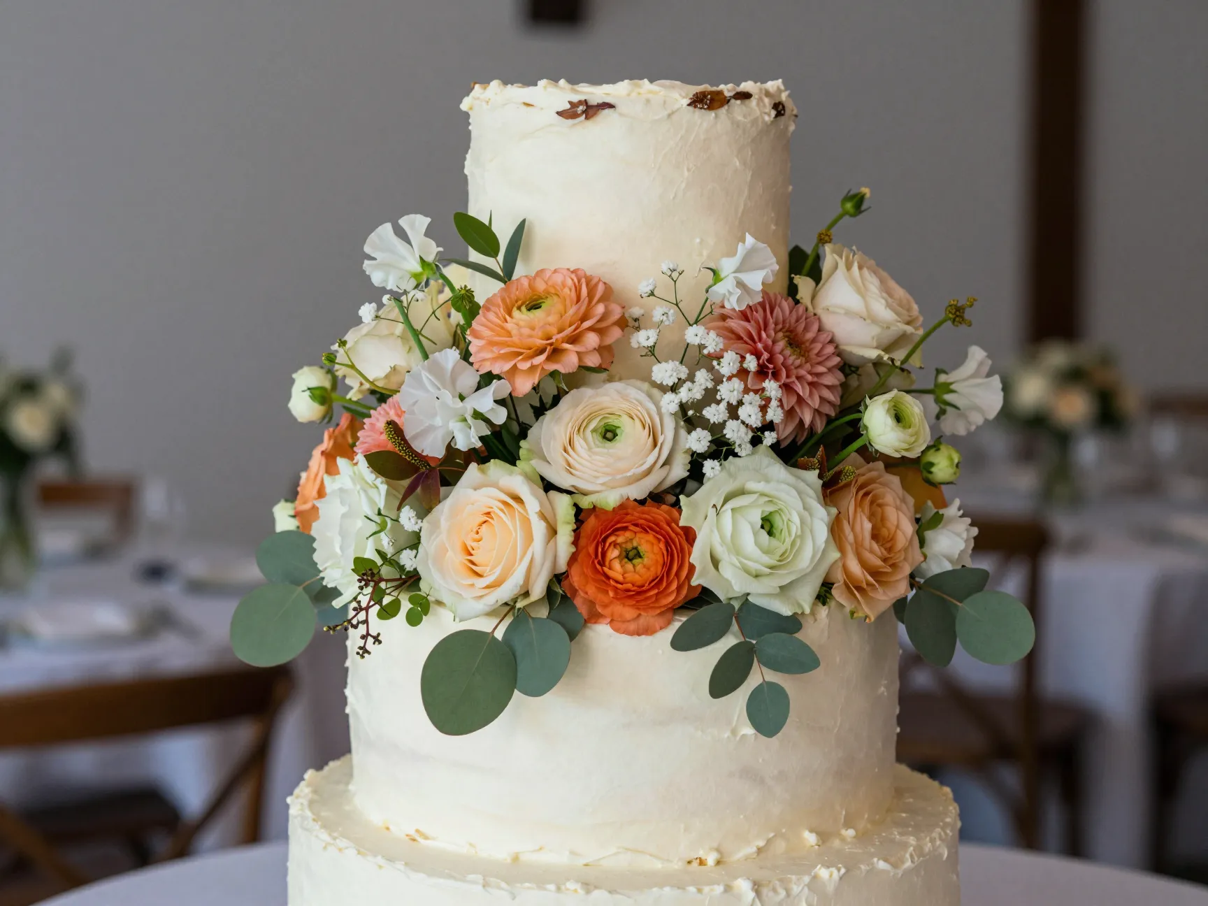 Simple frosted wedding cake adorned with seasonal fresh flower bouquet