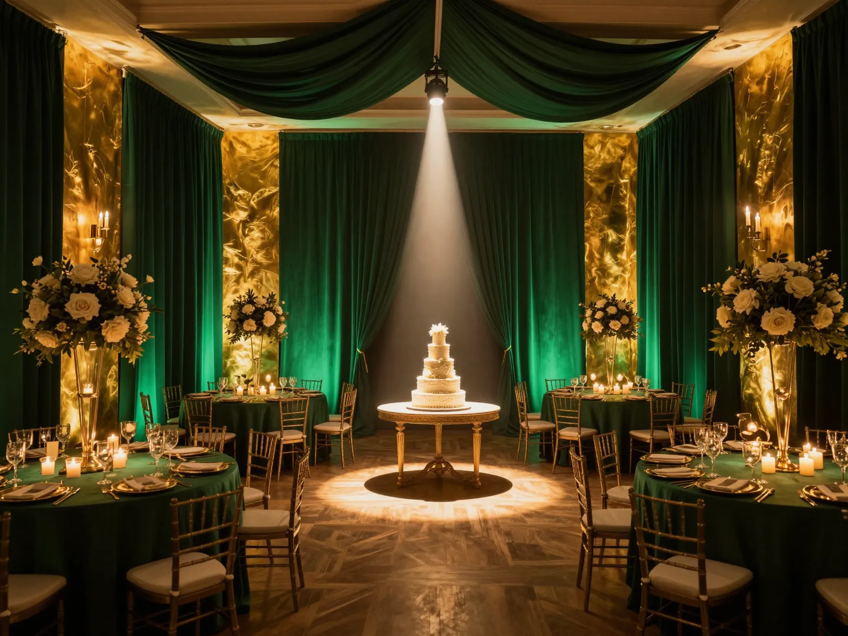 Bold emerald and gold reception room with layered warm lighting