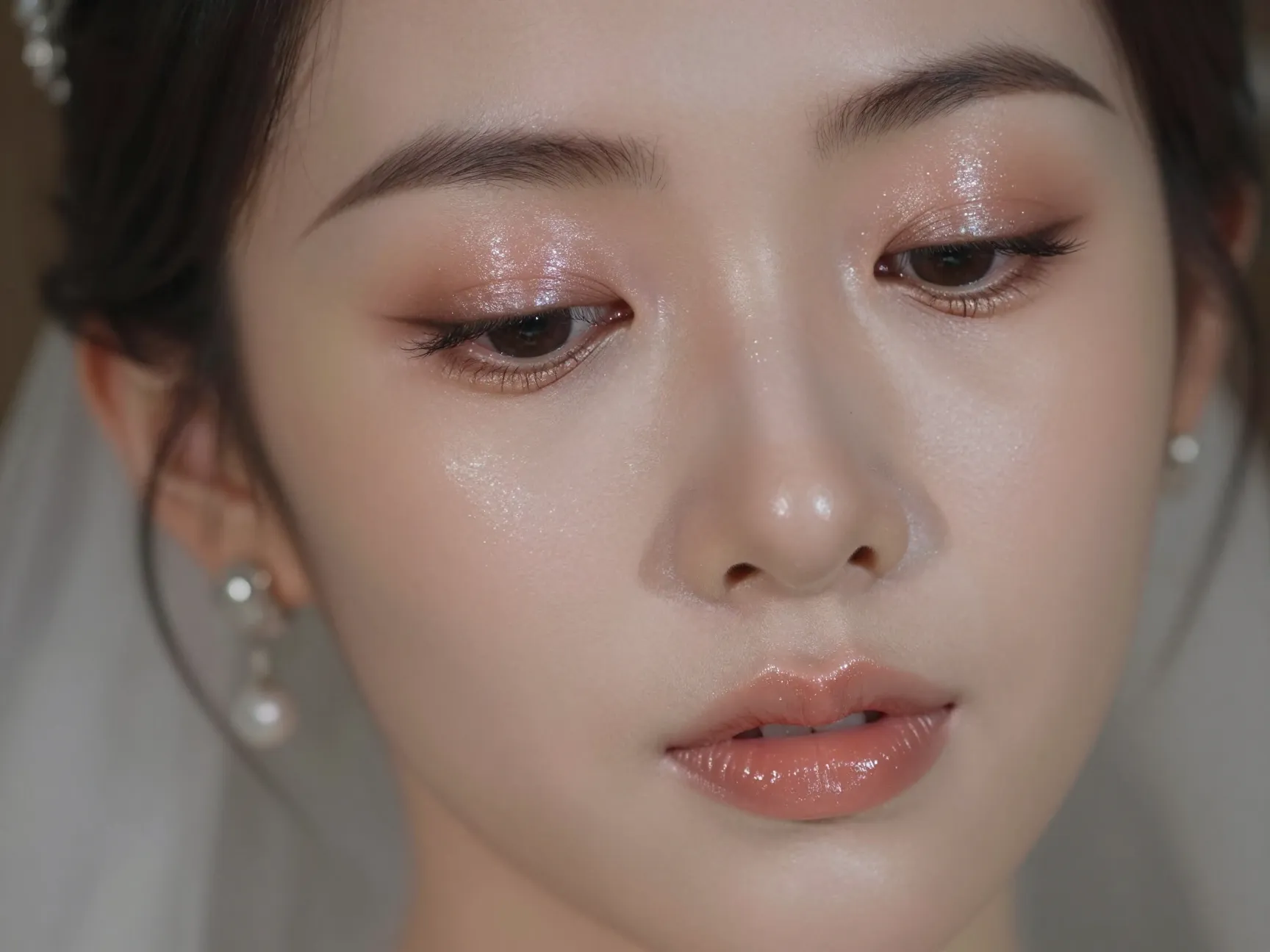 Bride with pearlescent eyeshadow and glossy lips in evening light