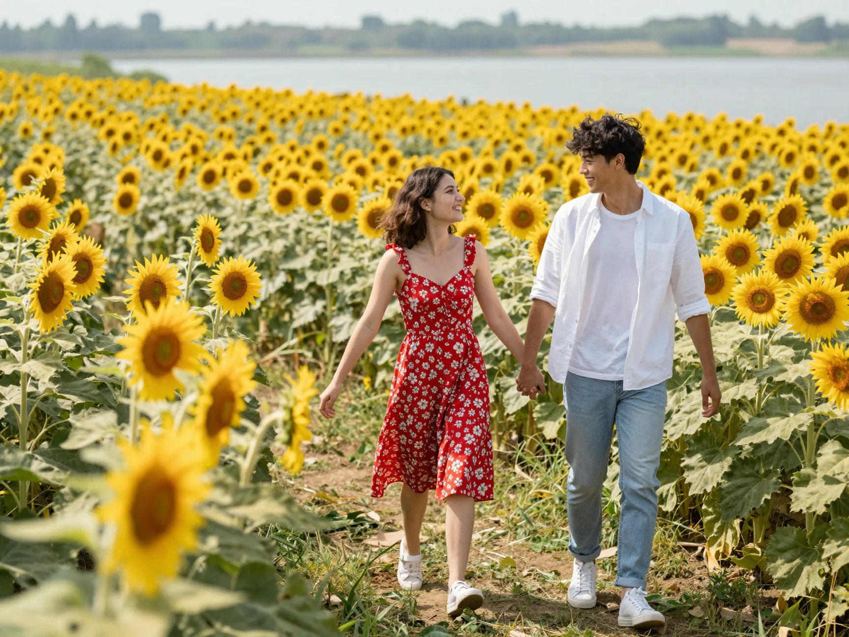 Red floral sundress in sunflower field playful summer session
