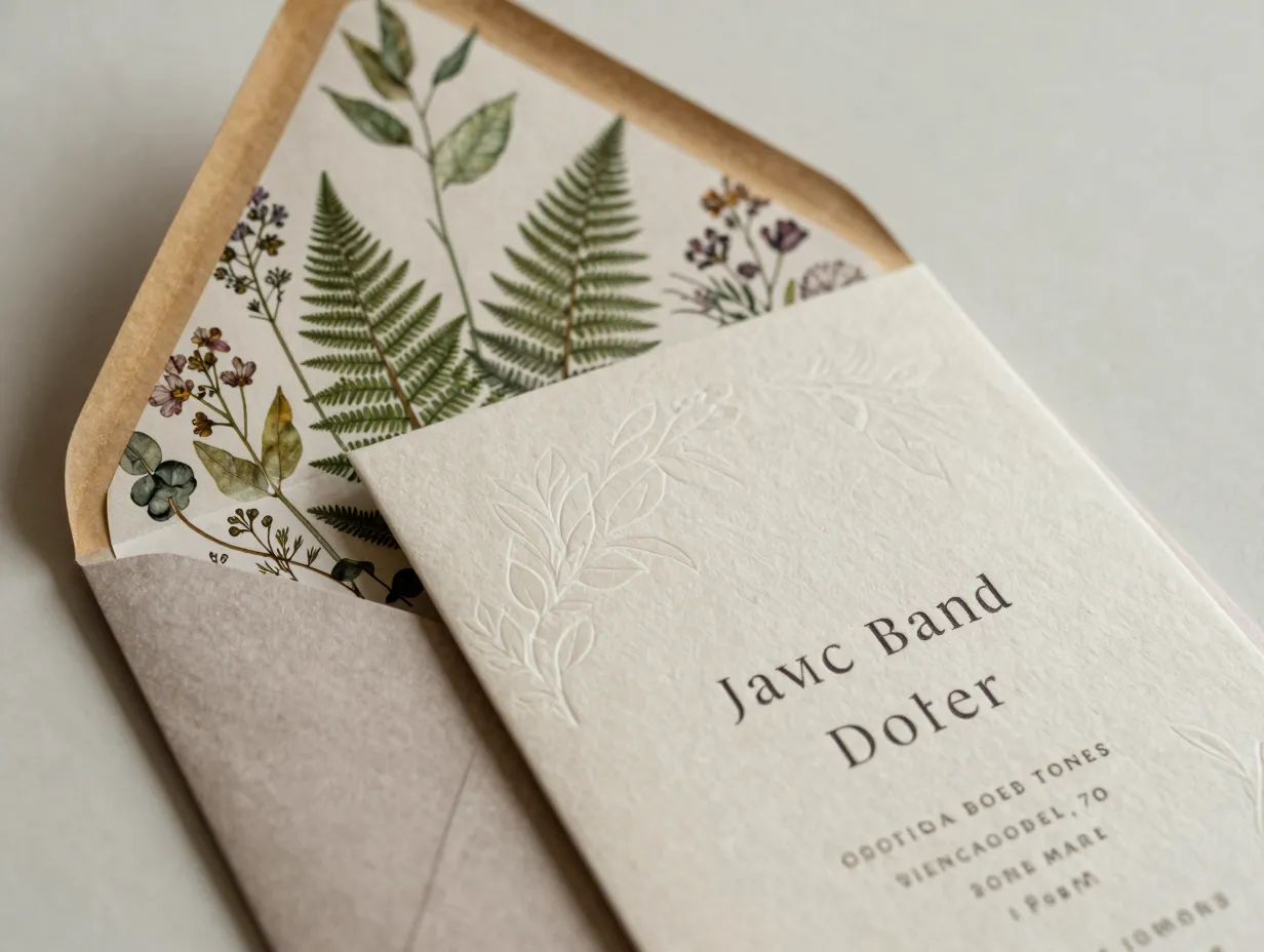 Botanical embossed wedding invitation with neutral envelope liner
