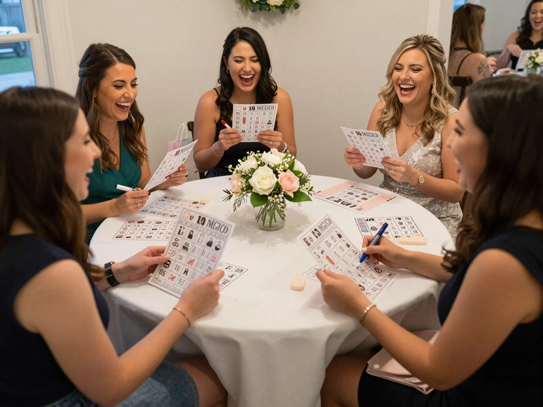 Guests laughing while playing bridal bingo at a decorated table