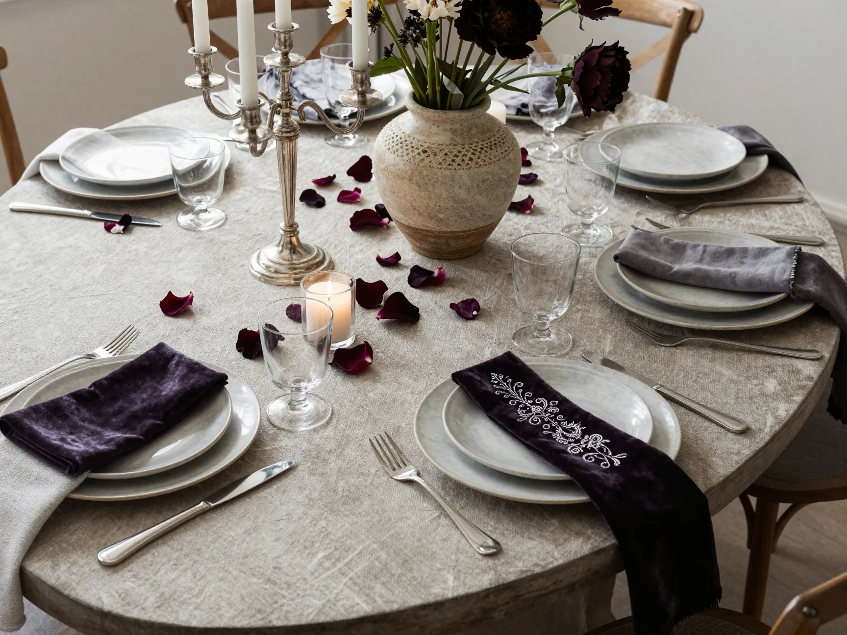Layered artistic tablescape with mixed textures on serpentine table