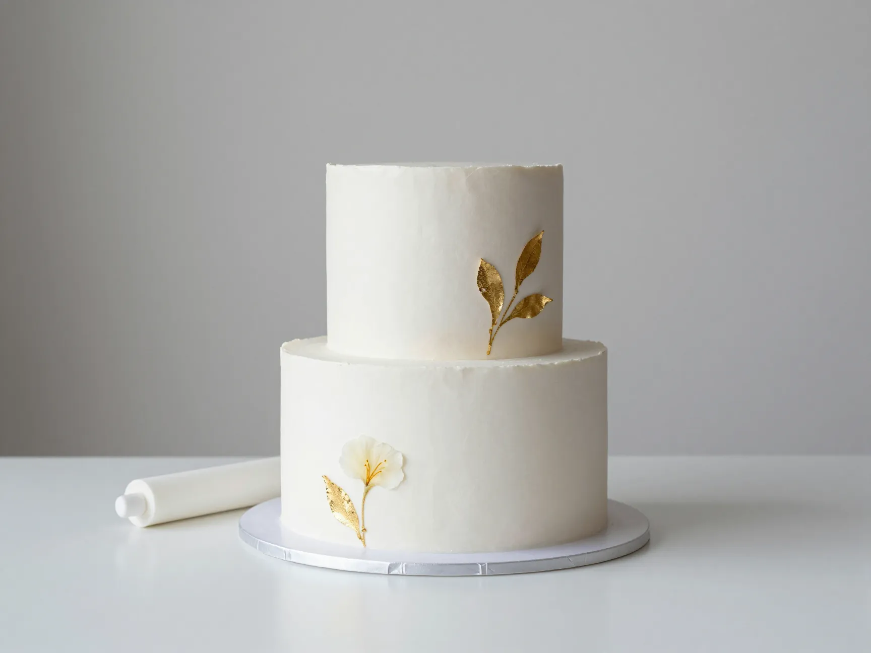 Minimalist white fondant cake with single delicate gold leaf accent