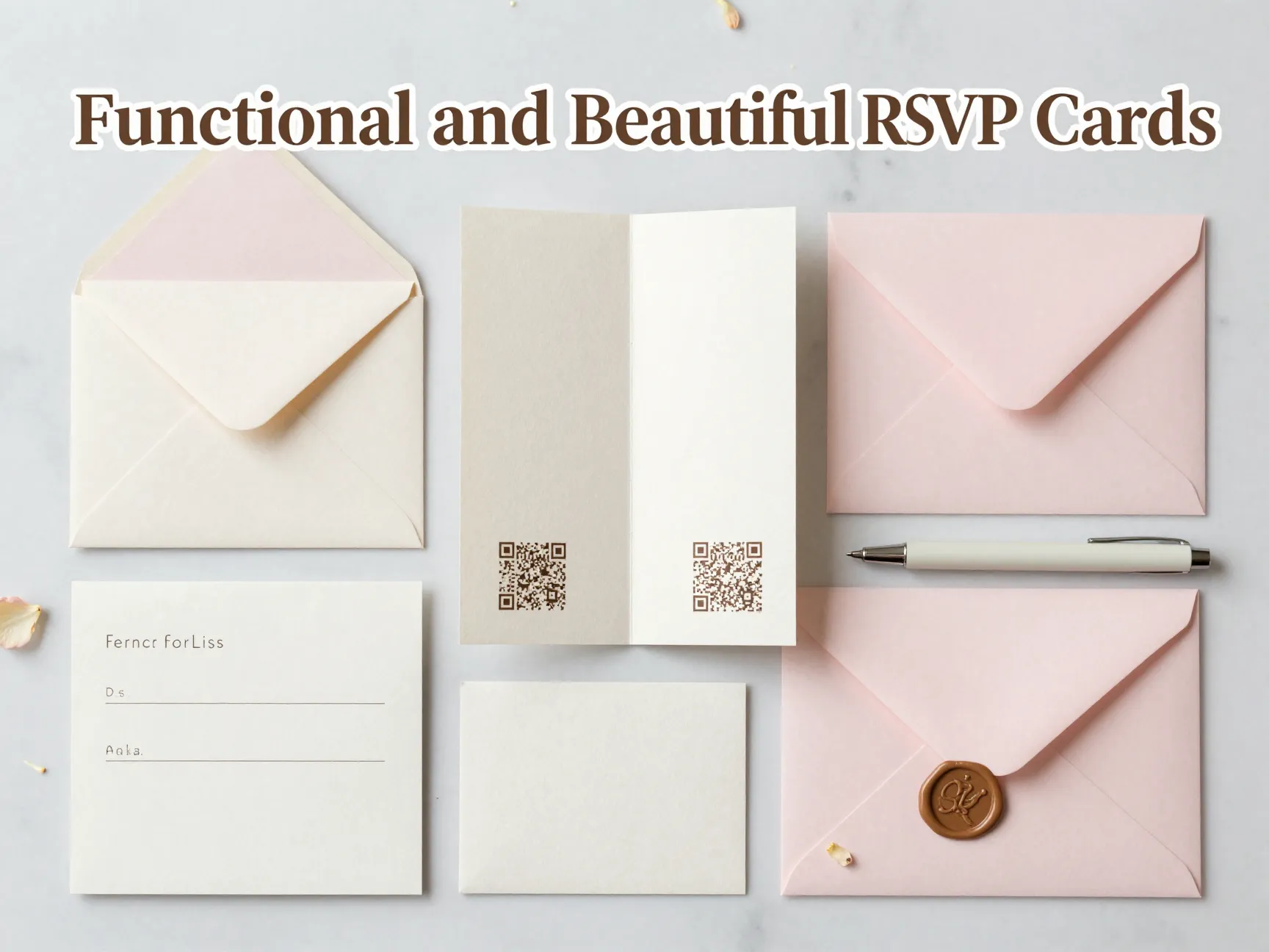 Eight wedding rsvp card designs styled flat lay marble surface