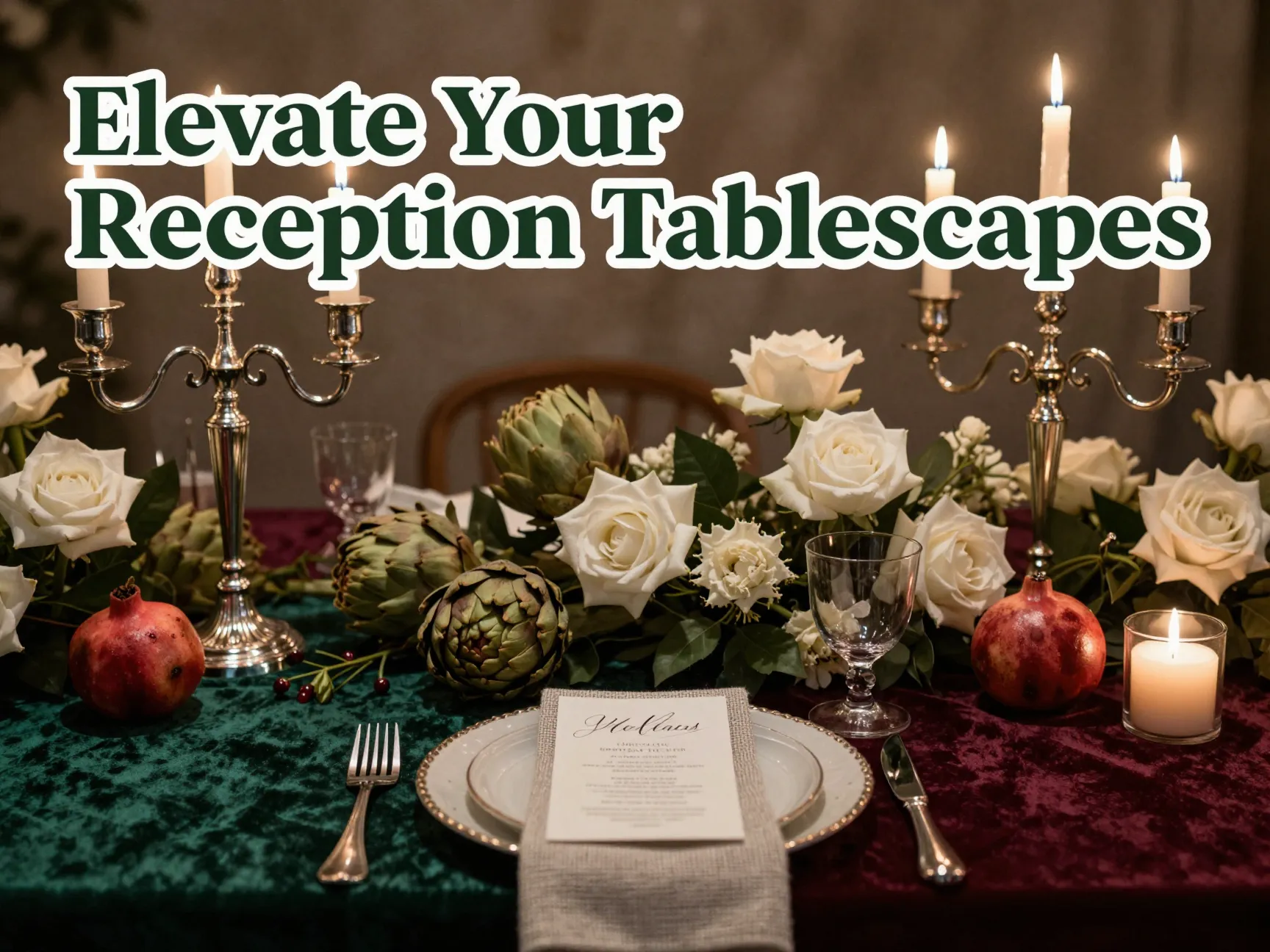 Silver candelabra jewel tones fresh produce textured linen flatlay