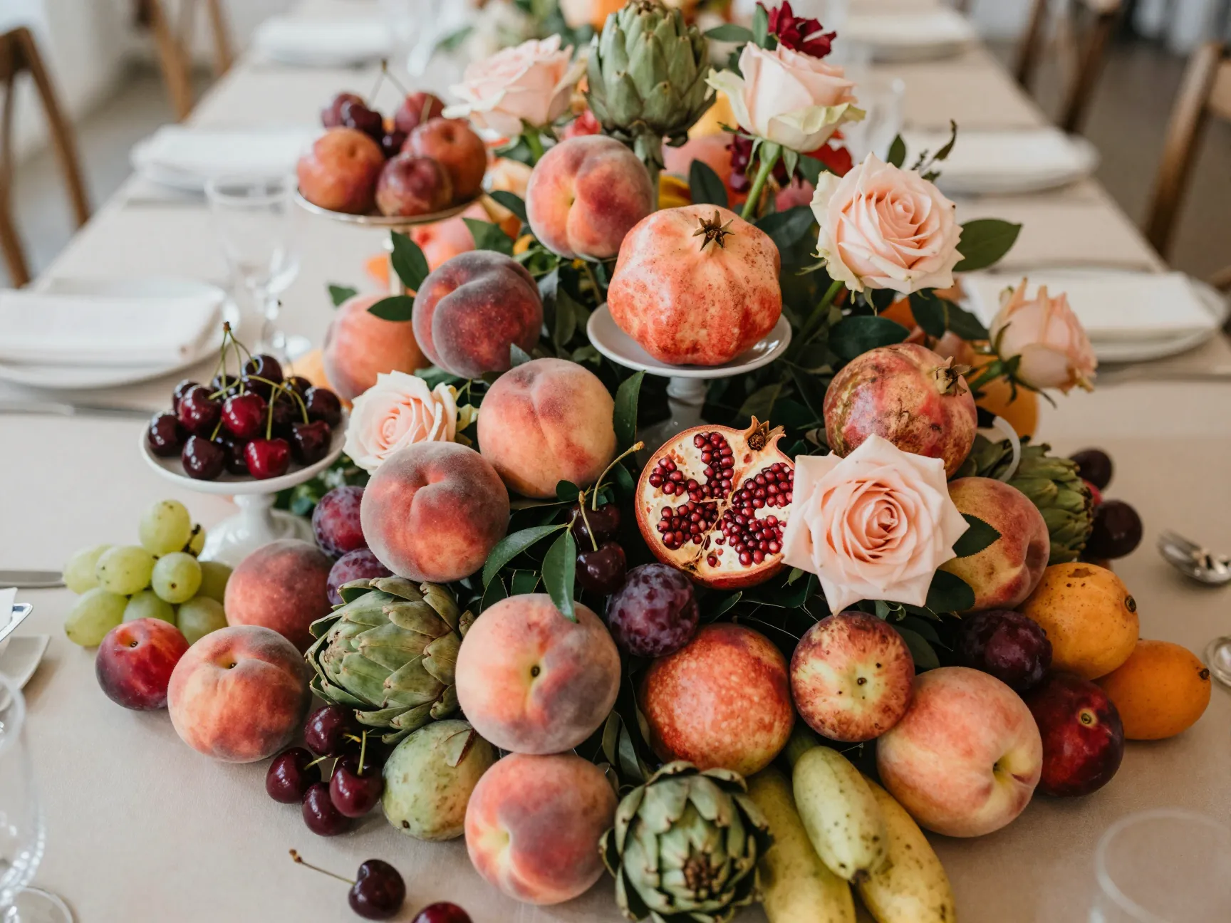 Bold abundant fresh fruit and vegetable wedding table centerpiece arrangement
