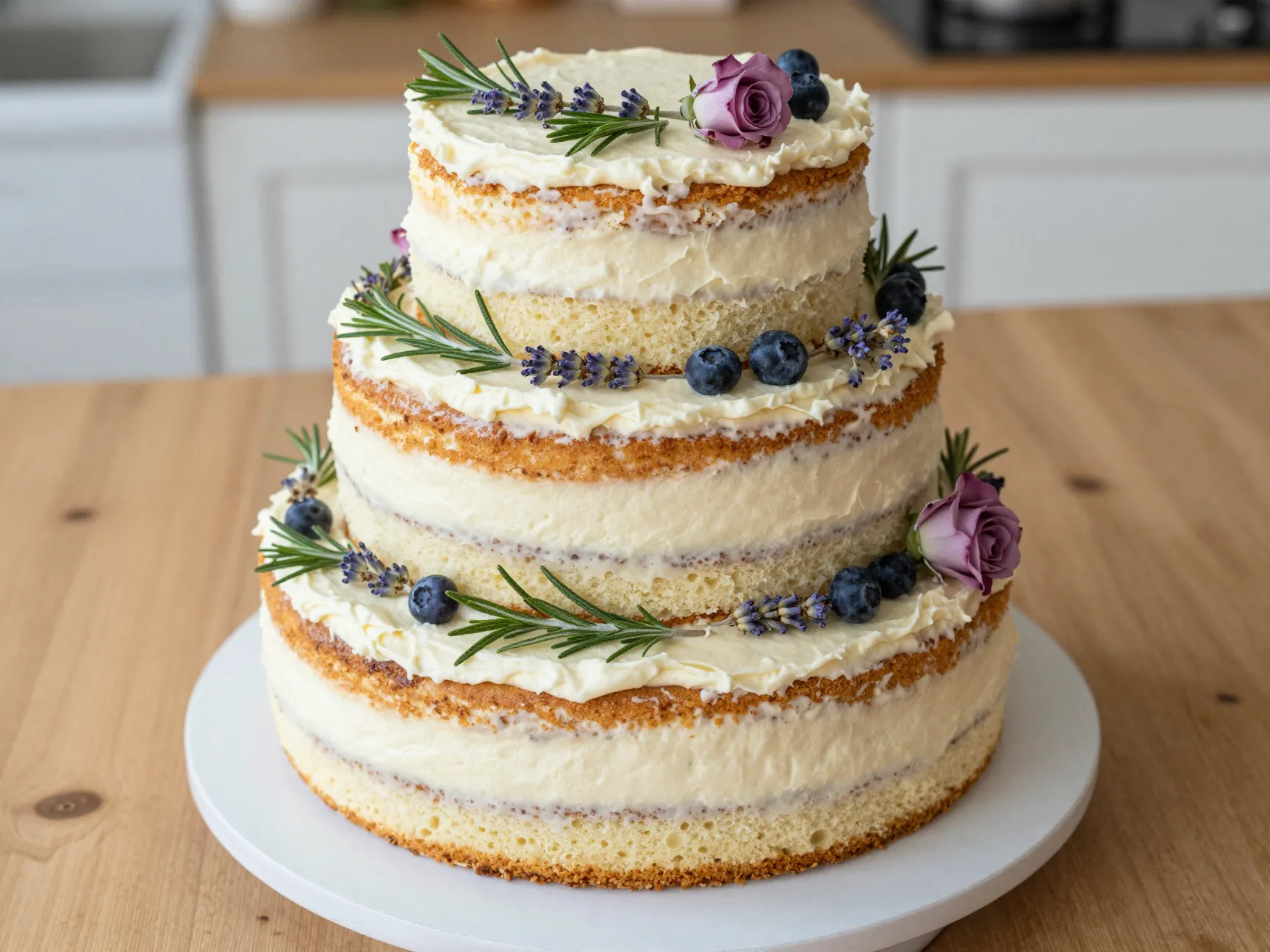 Classic naked cake with exposed layers fresh flowers