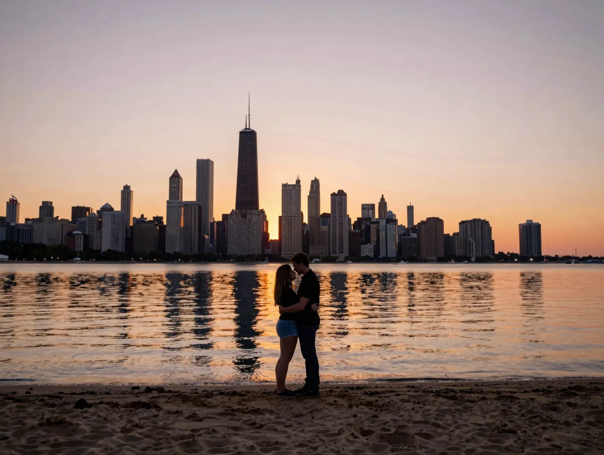 Couple at north avenue beach golden hour skyline view across lake michigan