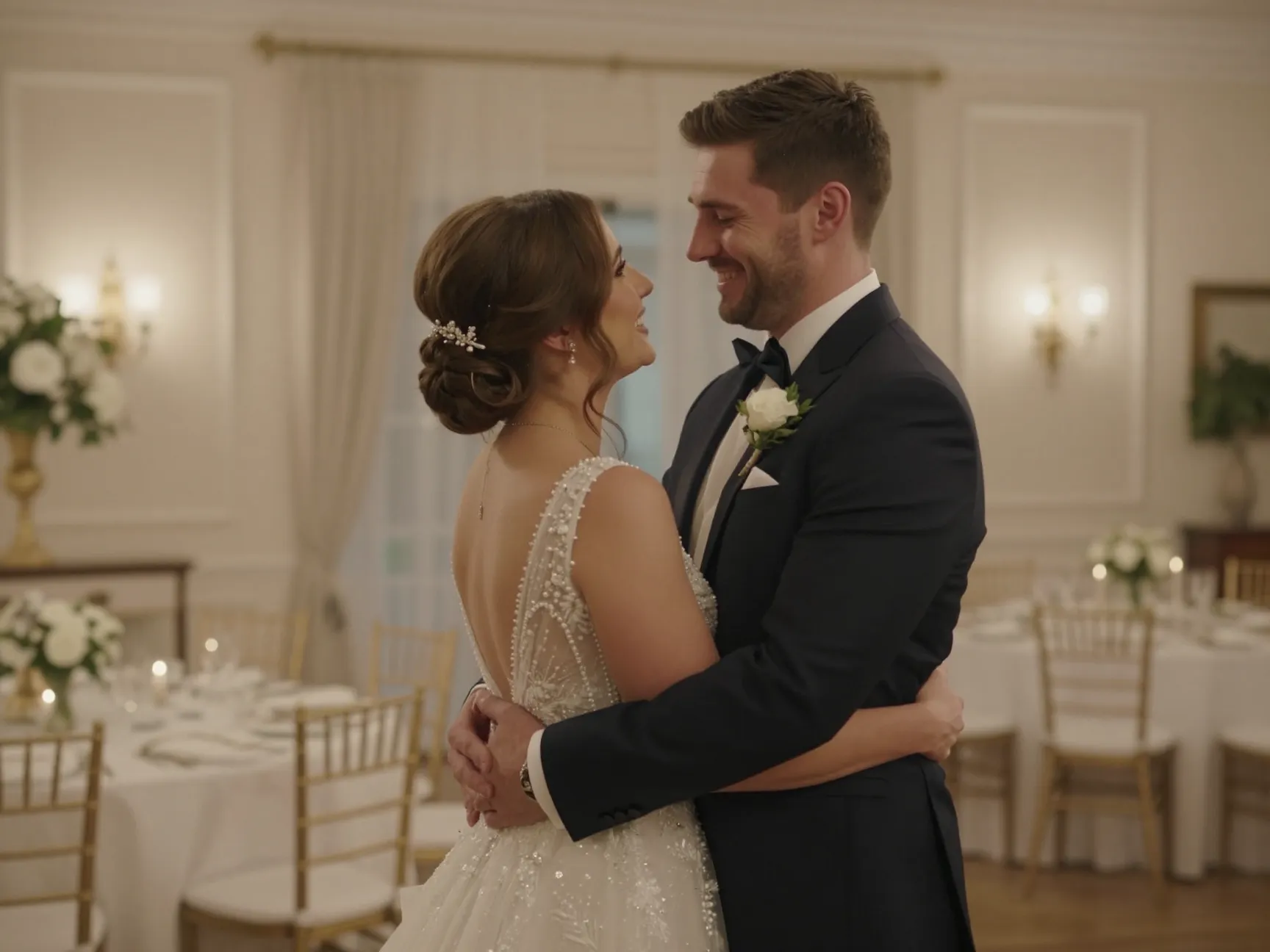 Relaxed couple sharing first look at all in one wedding venue