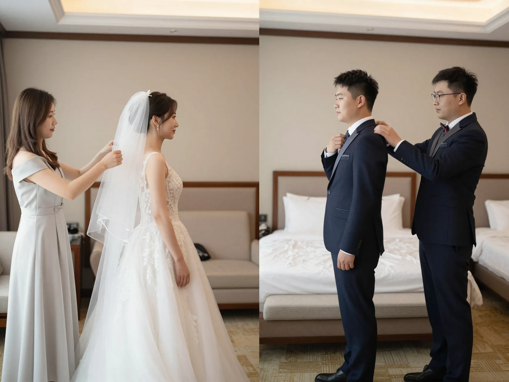 Bride and groom separate for traditional aisle reveal preparation