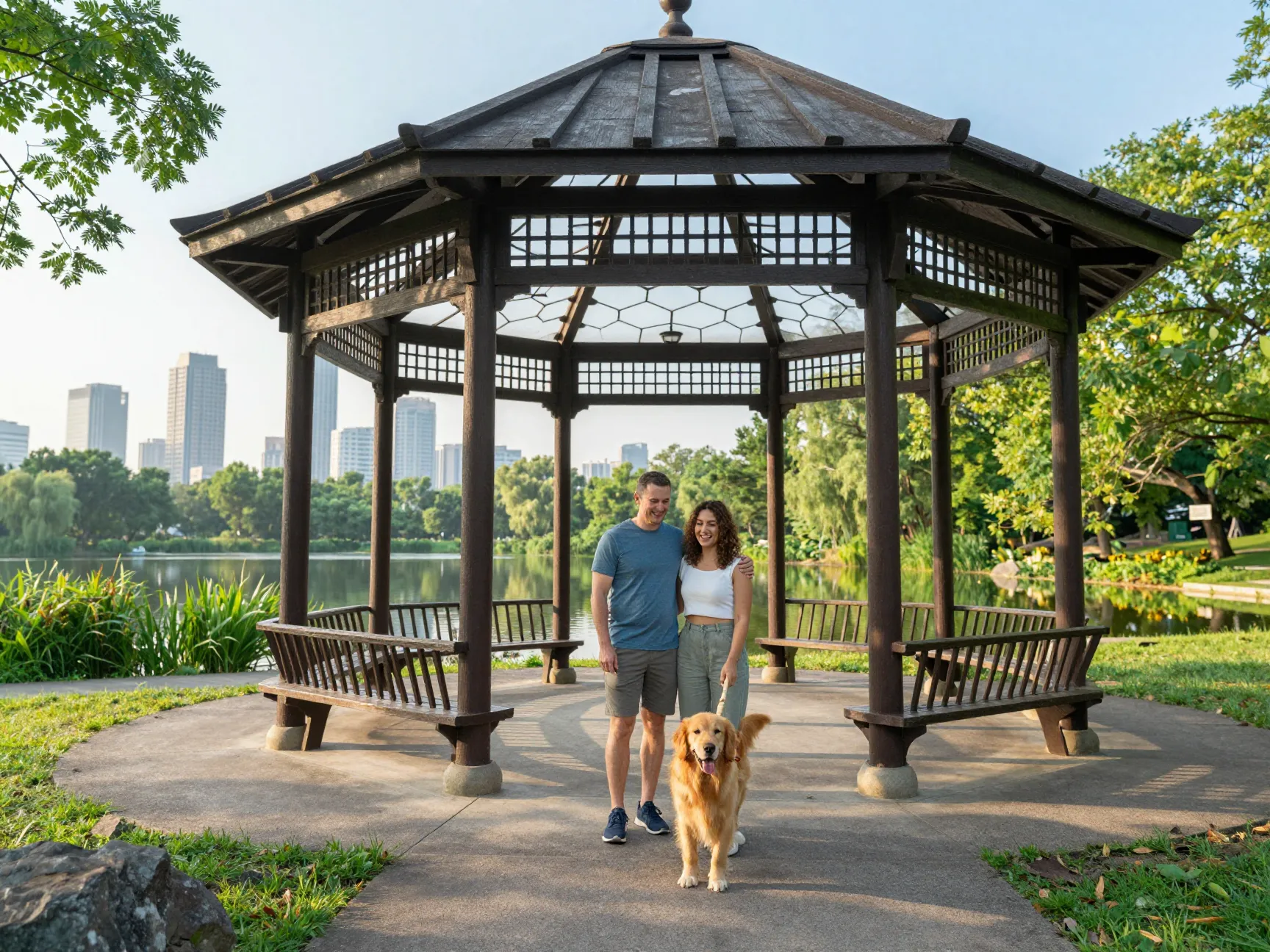 Couple under honeycomb pavilion at lincoln park nature boardwalk with dog