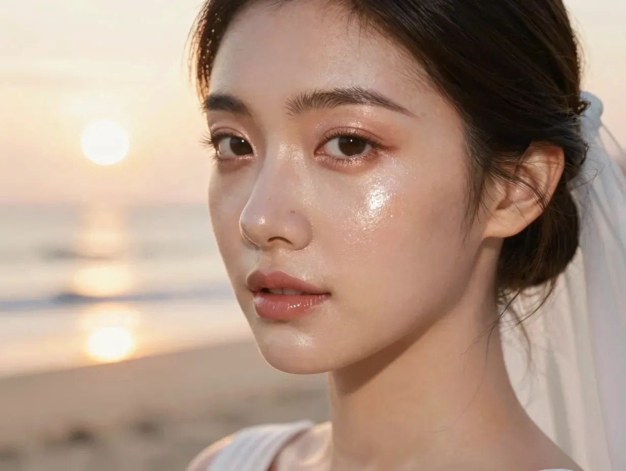 Radiant dewy skin bride beach ceremony pearlescent eyeshadow golden hour