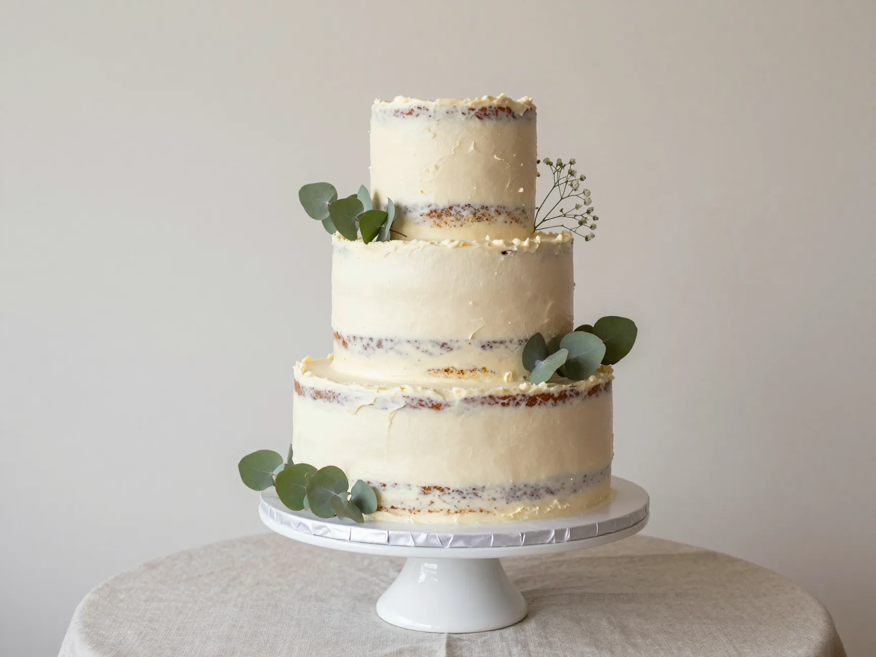 Semi naked cake thin imperfect buttercream layer greenery