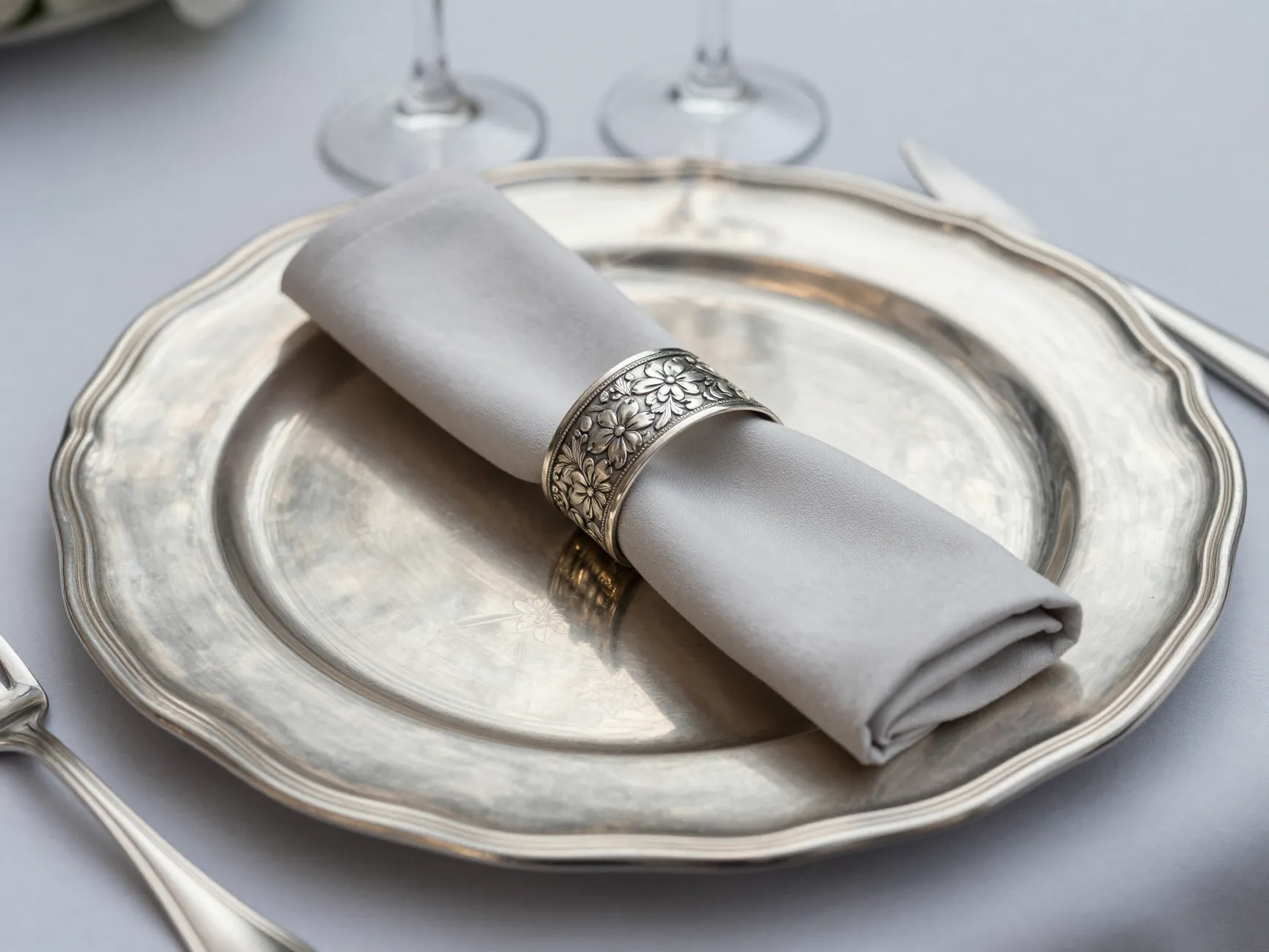 Sophisticated silver metallic wedding table setting with ornate charger plate