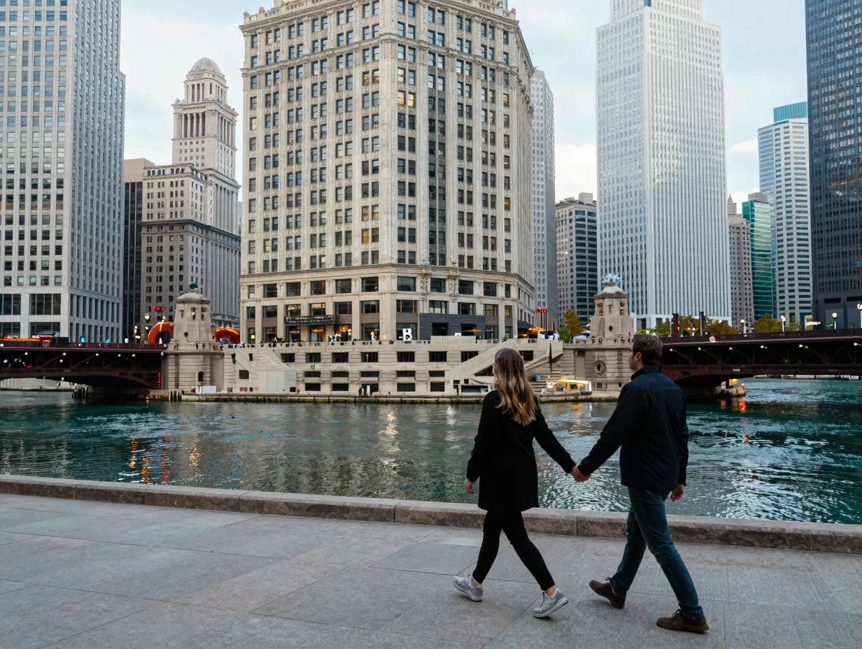 Couple walking on chicago riverwalk with wrigley building architecture