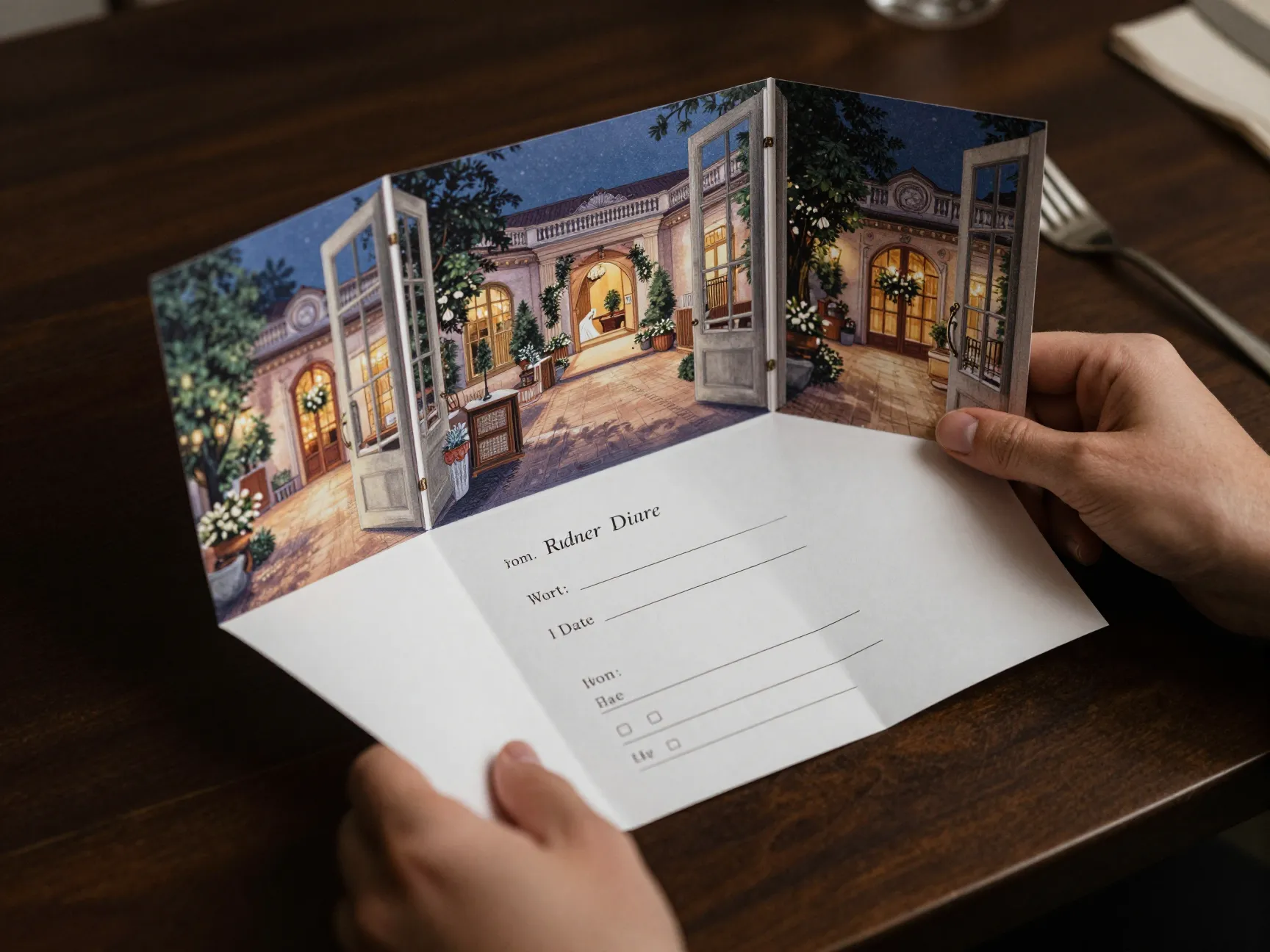 French door fold rsvp card opening panels venue illustration