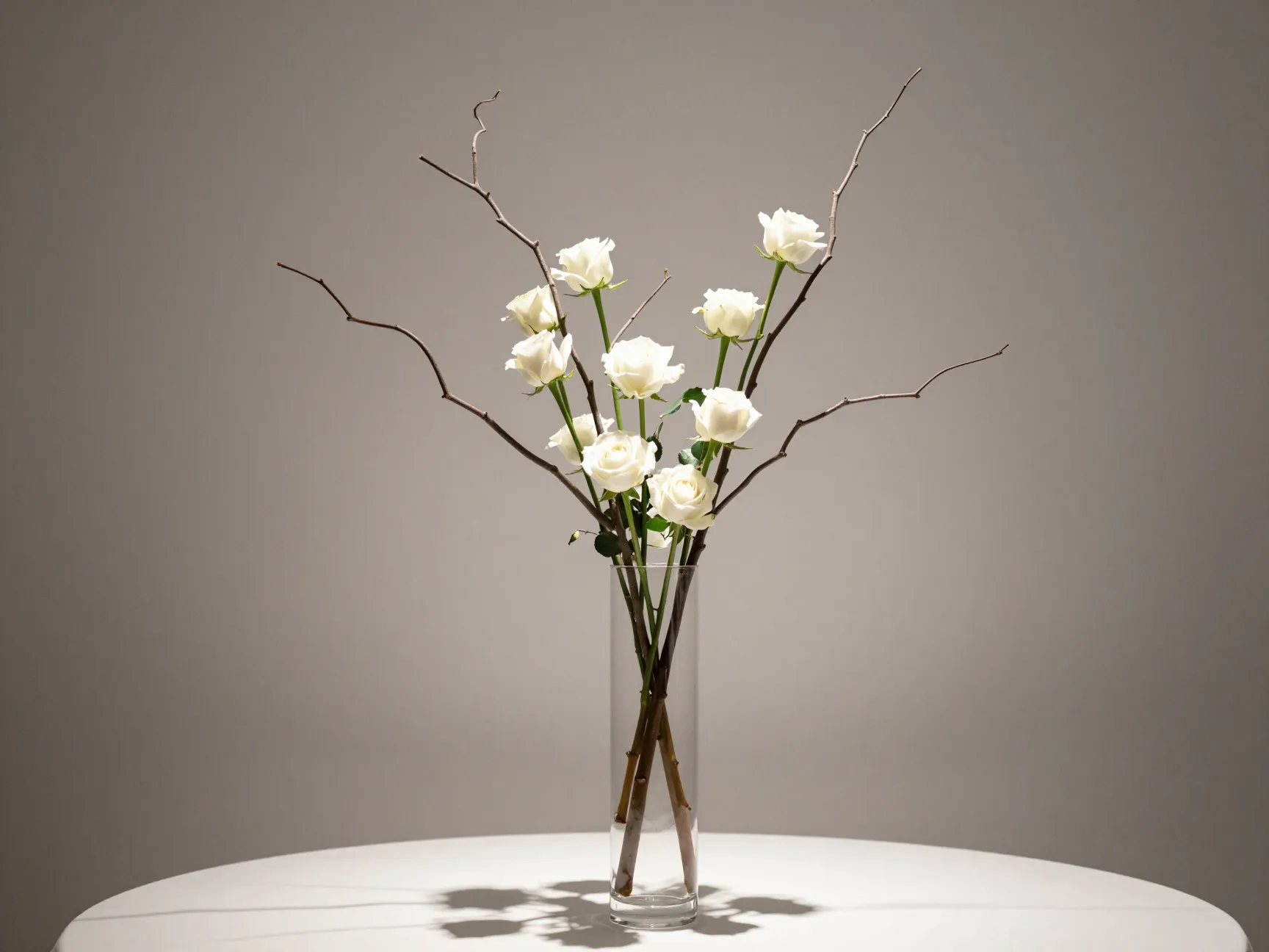 Sculptural fine art wedding centerpiece with tall branches and negative space