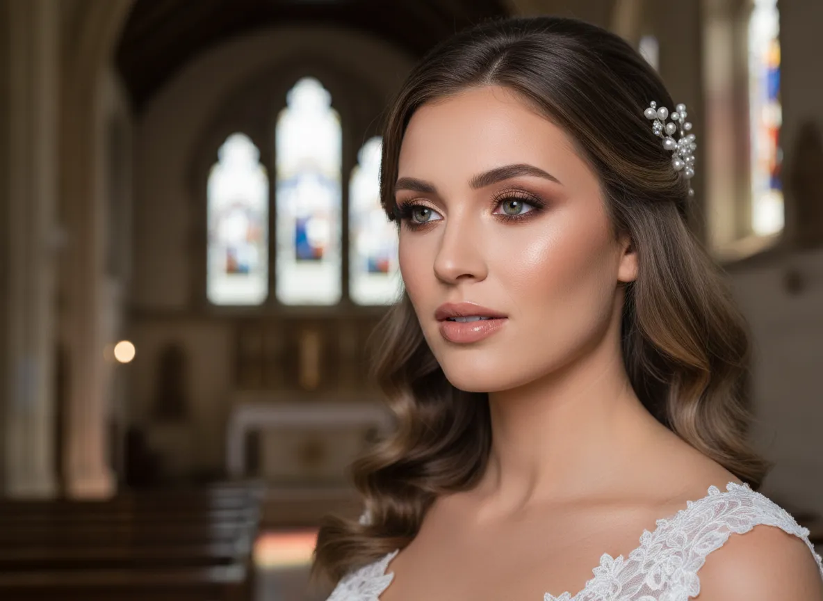 Soft glam bride church wedding taupe matte eyeshadow nude glossy lip