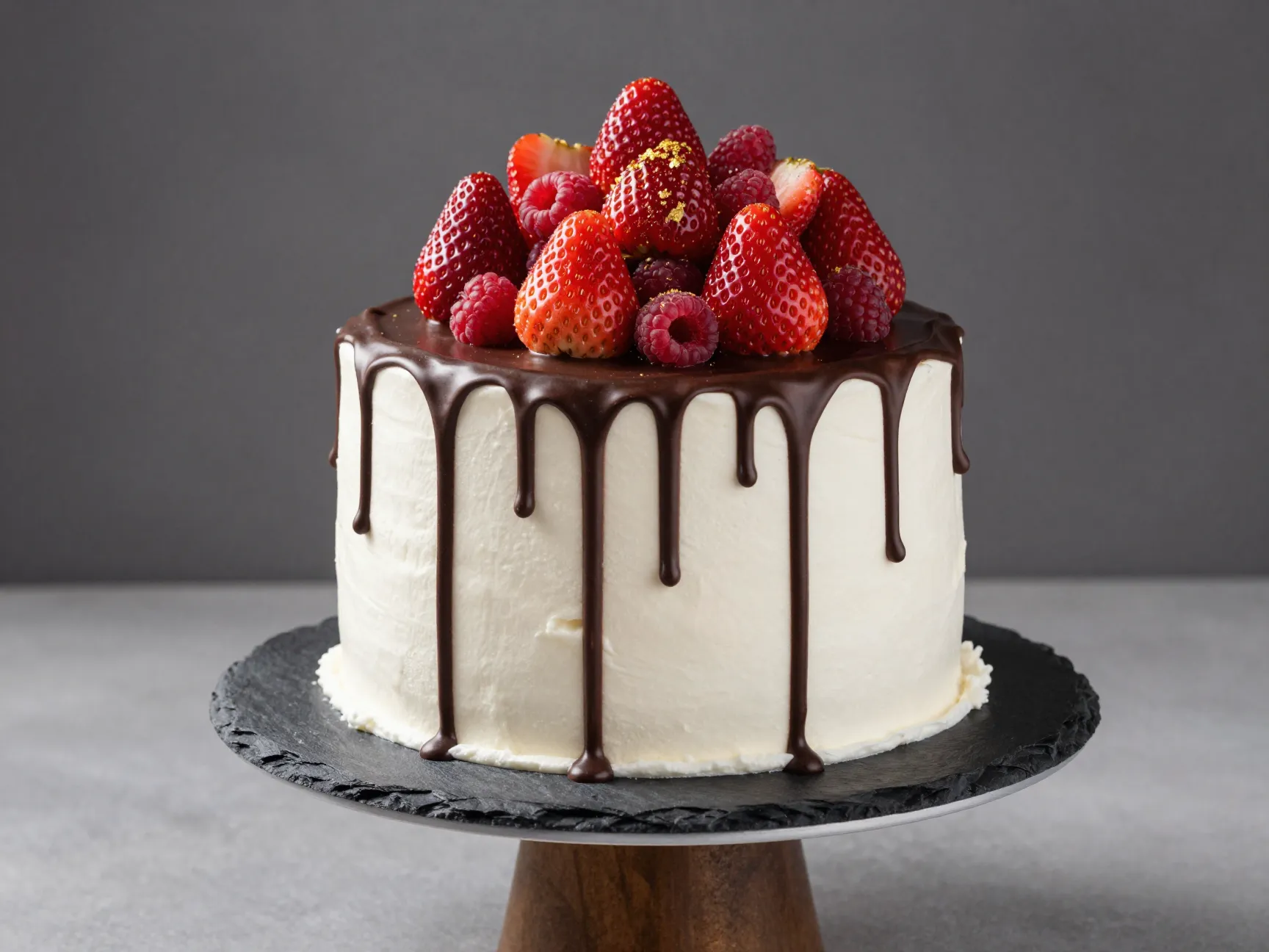 Chocolate drip cake over chilled frosting fresh strawberries