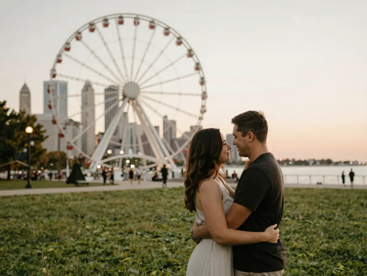 Couple embracing at milton lee olive park with navy pier ferris wheel