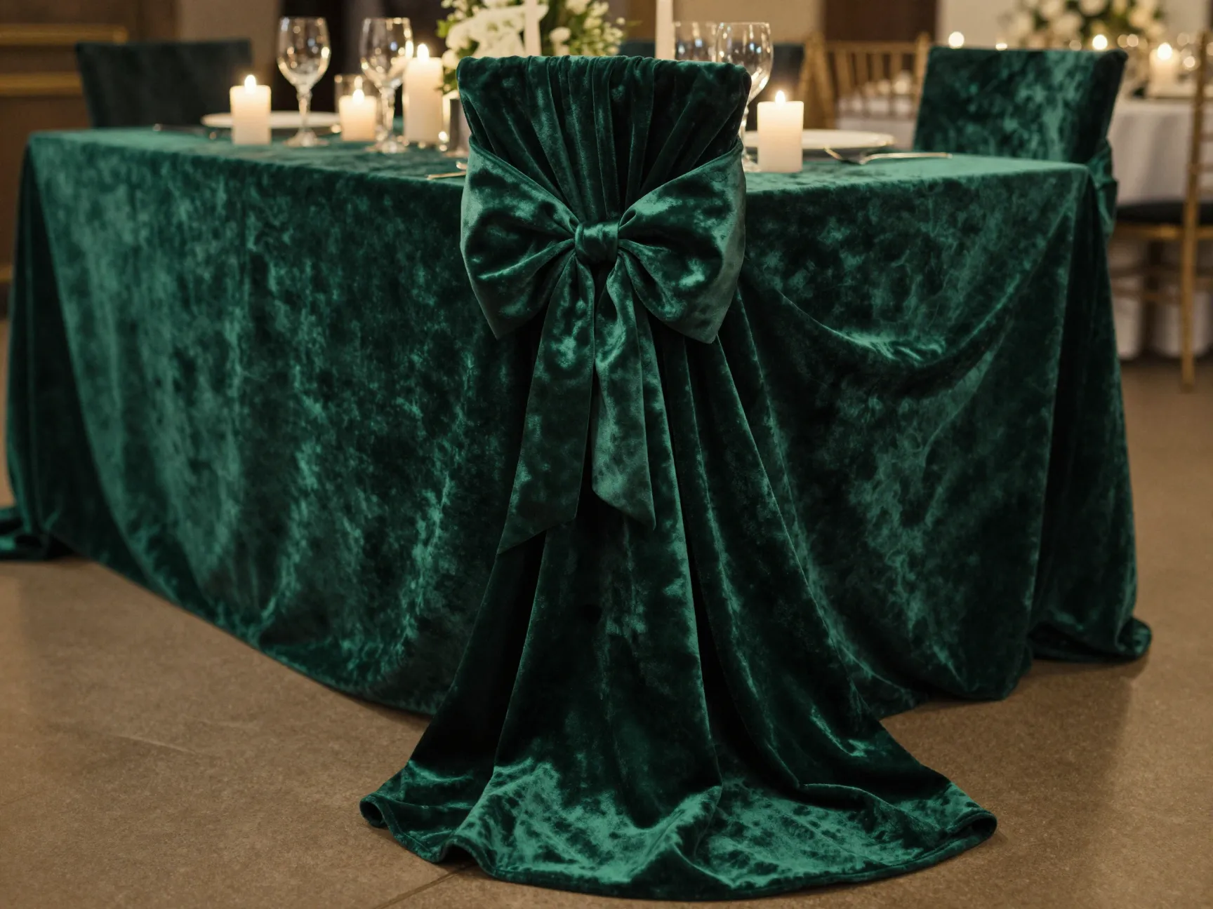 Opulent emerald velvet wedding table with dramatic fabric drape and bow