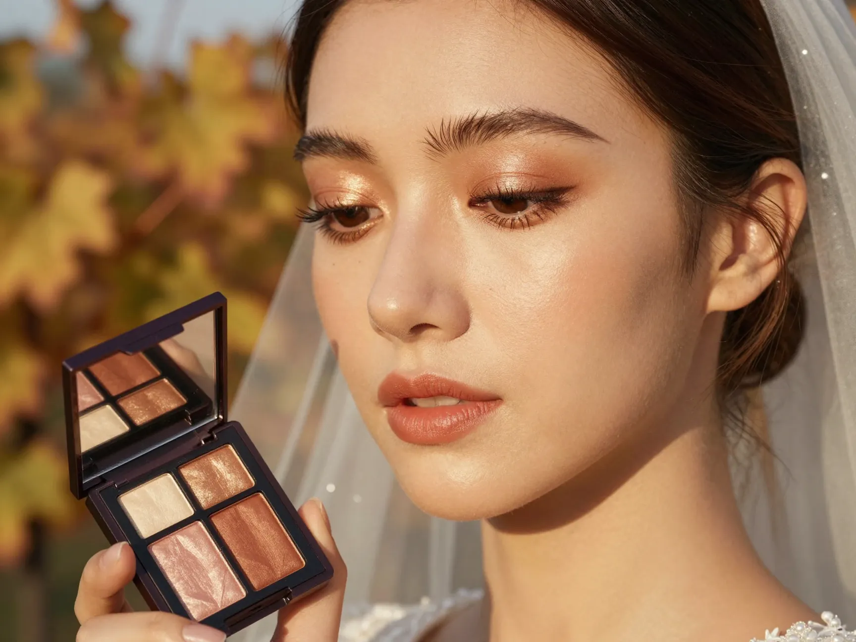 Warm glow bride autumn vineyard champagne highlighter amber eyeshadow