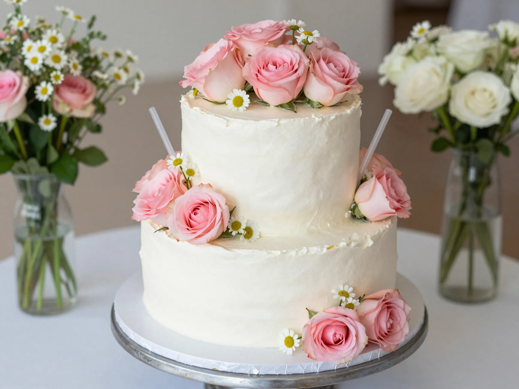White wedding cake decorated with fresh food safe roses