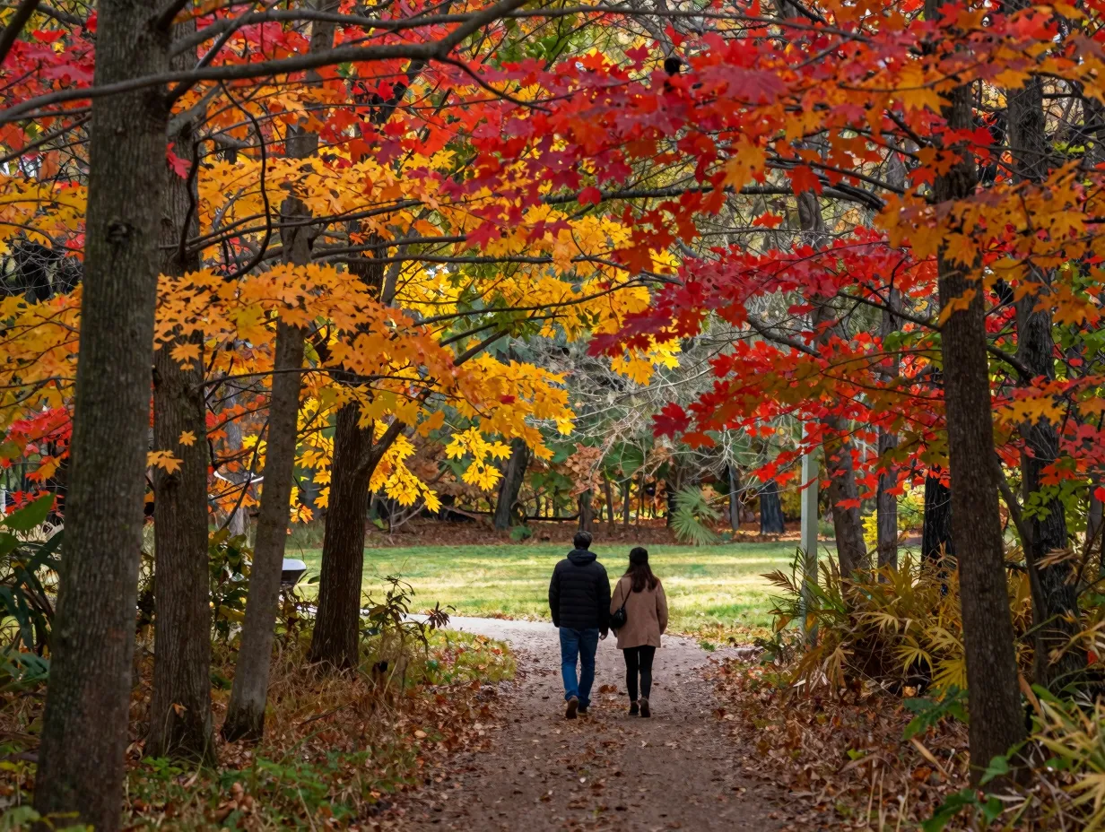 Couple on path in morton arboretum fall foliage woodland setting